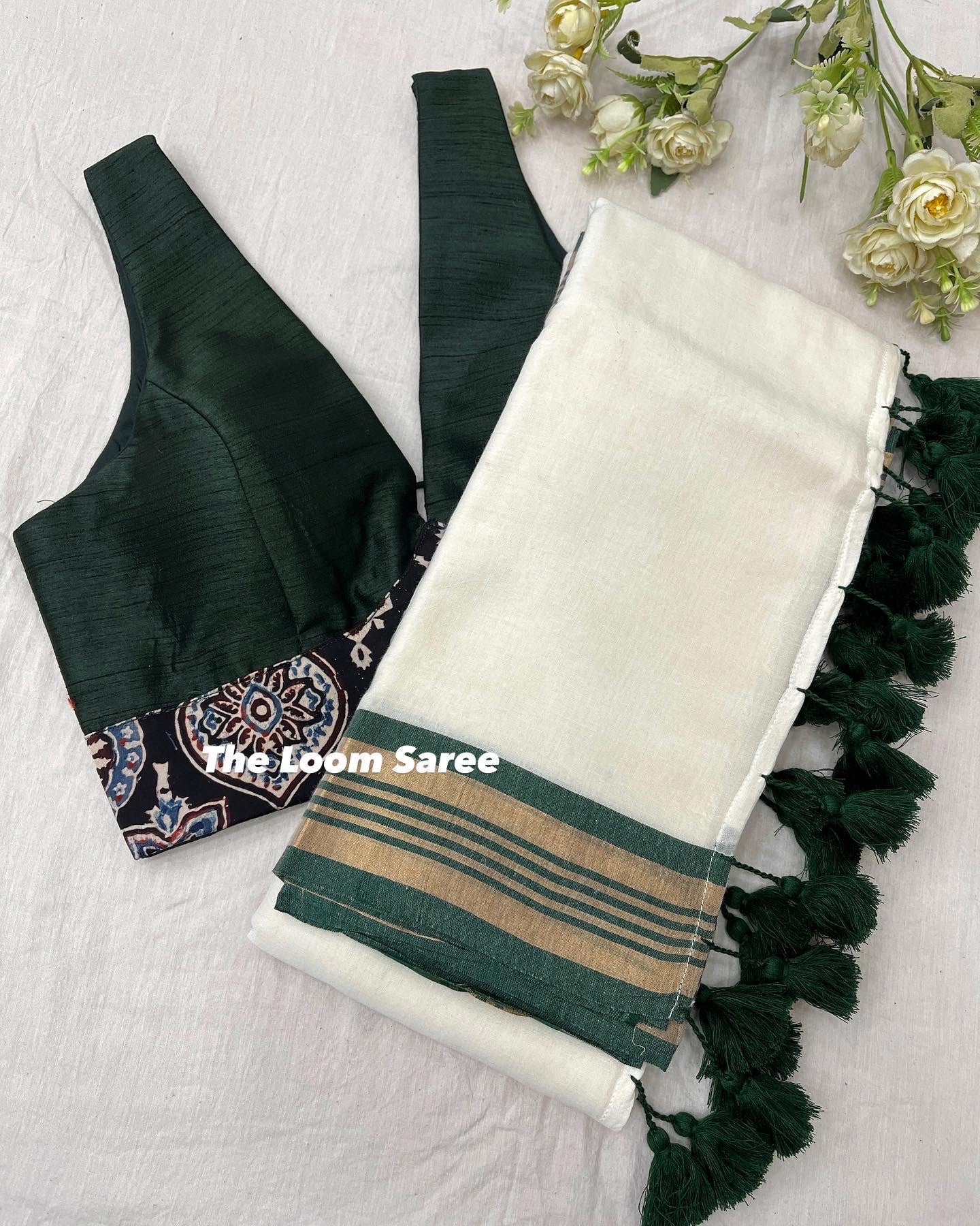 Creamy Green Saree Blouse Combo Set
