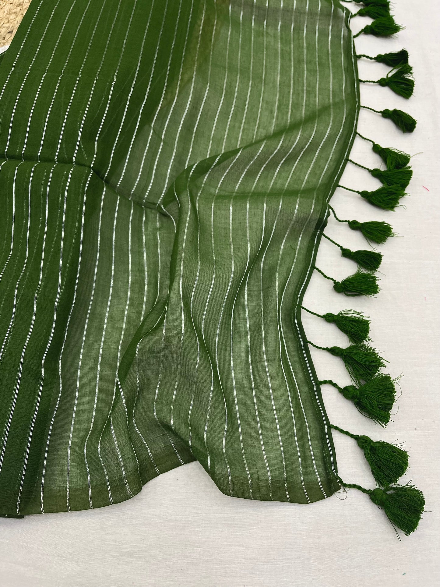 Mehendi Green Zari Lines Mulmul Saree