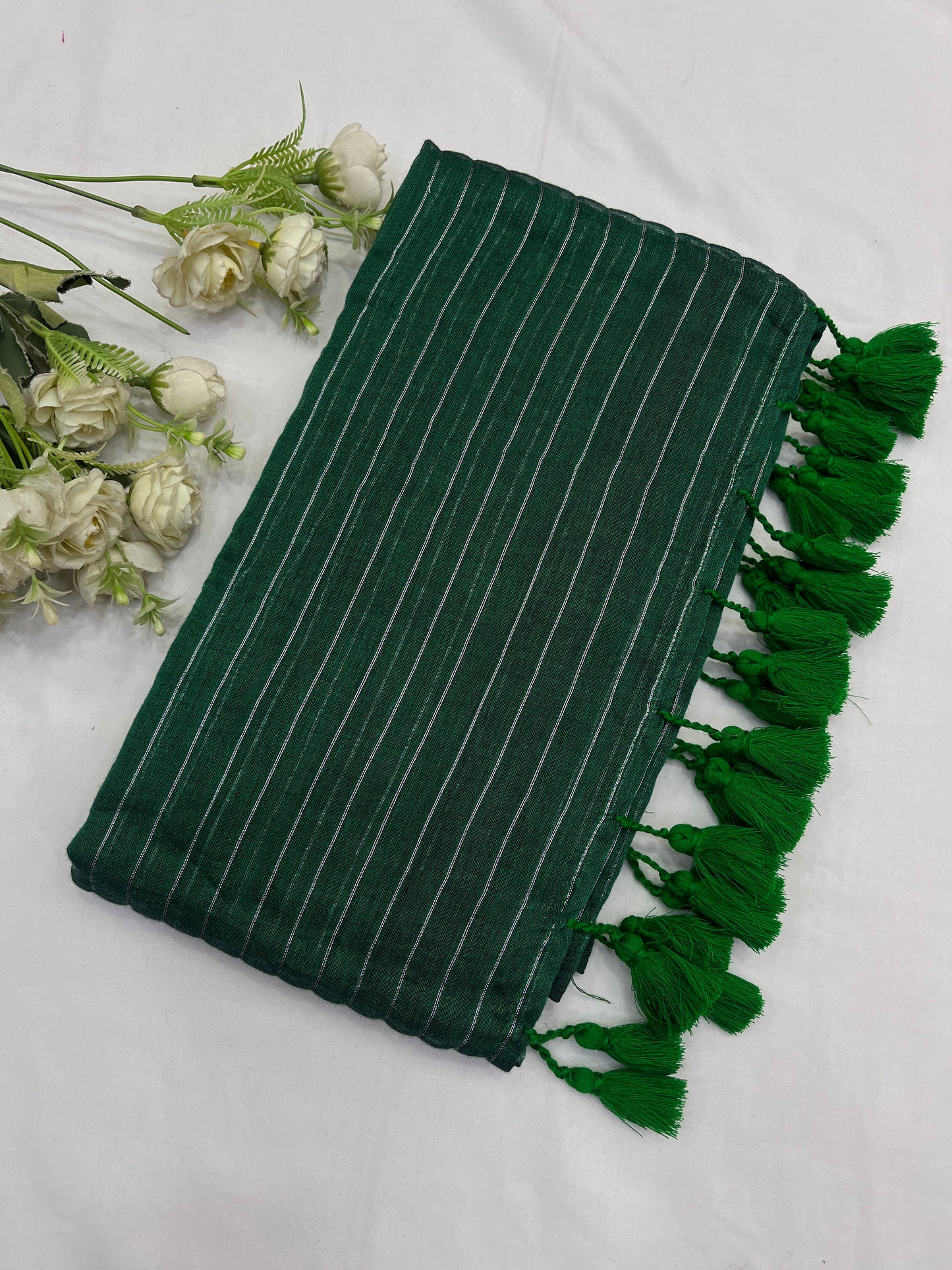 Green Leaf Zari Lines Mulmul Saree