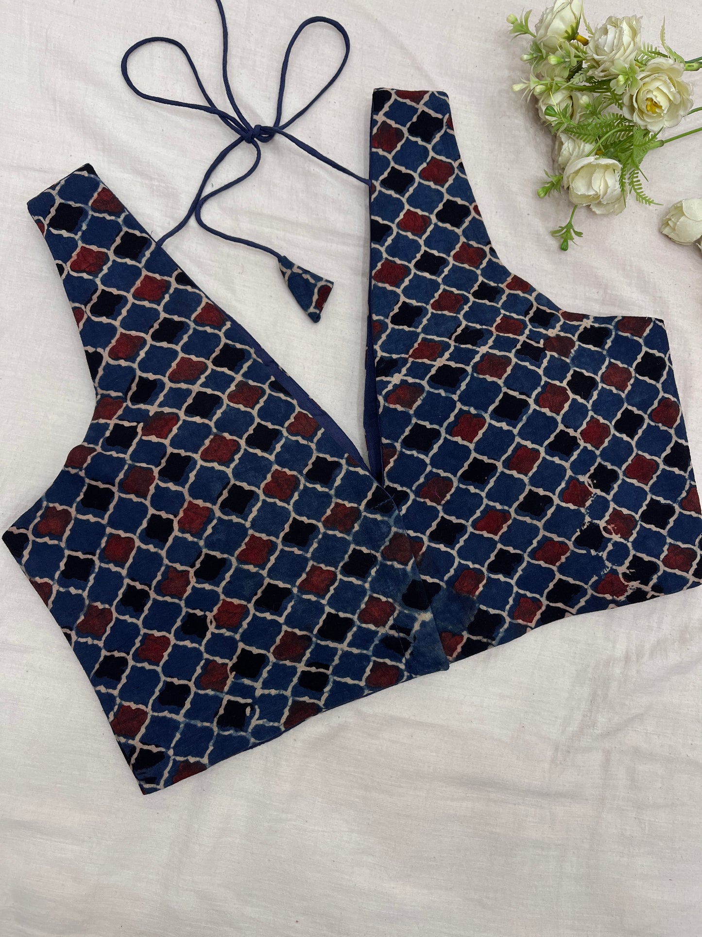 NeelMani Ajrakh Mulmul Saree Blouse Set