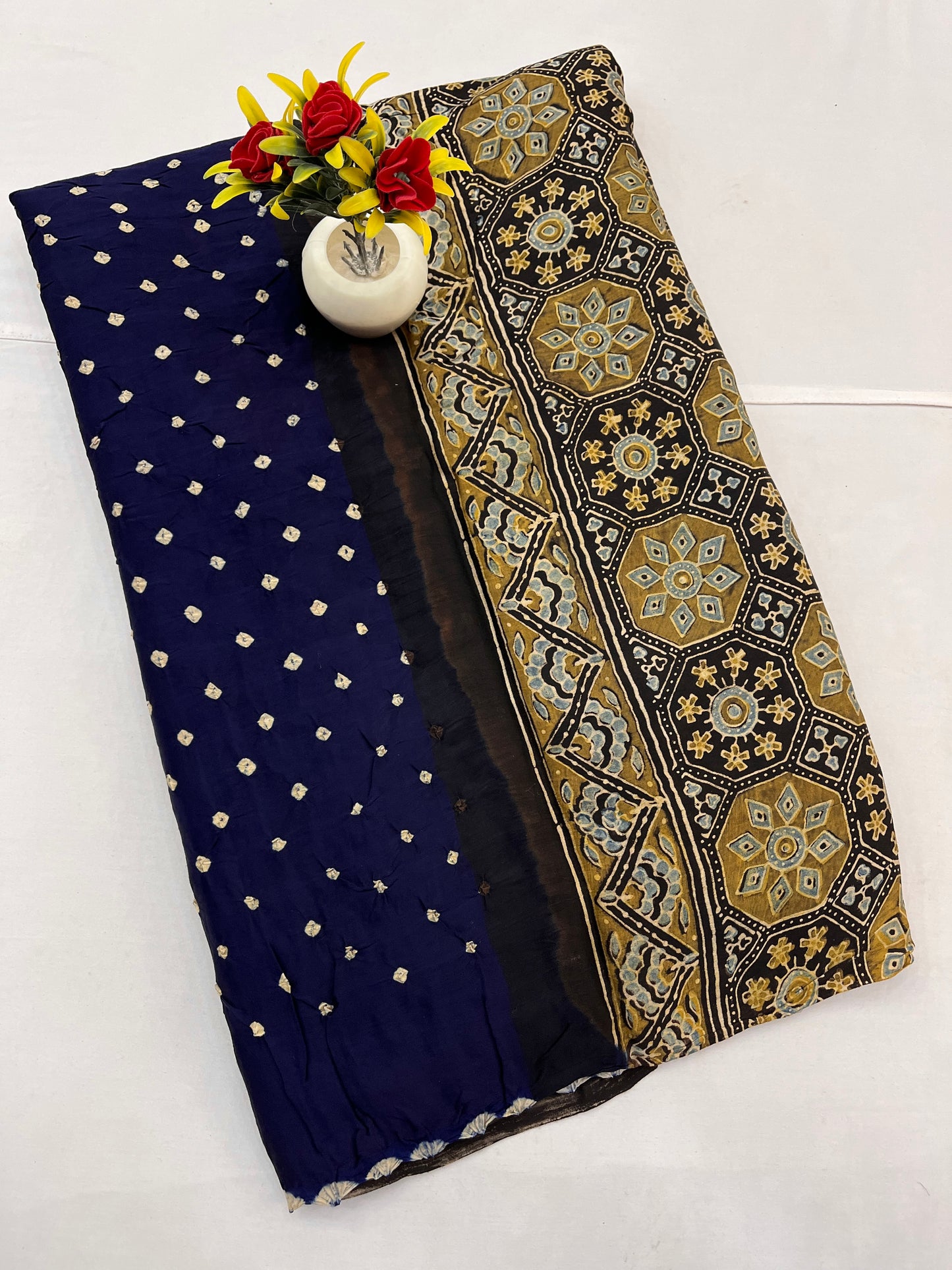 Blue Cream Bandhani Ajrakh Modal Silk Saree
