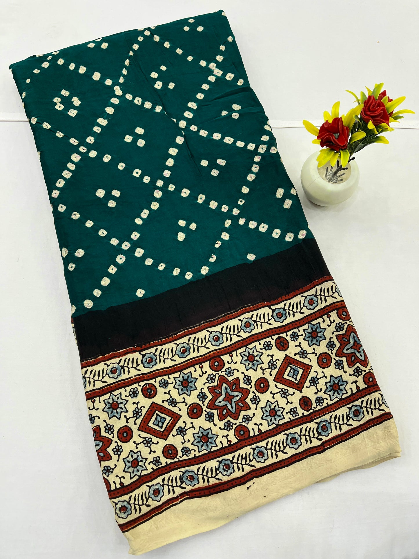 Rama Cream Bandhani Ajrakh Modal Silk Saree