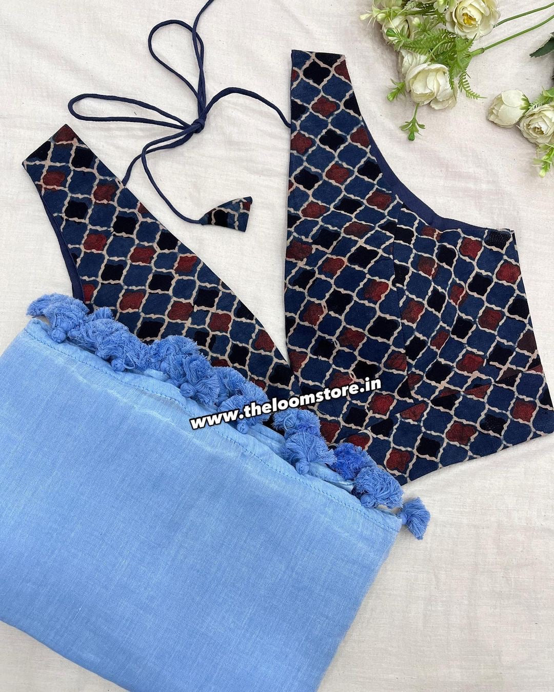 NeelMani Ajrakh Mulmul Saree Blouse Set