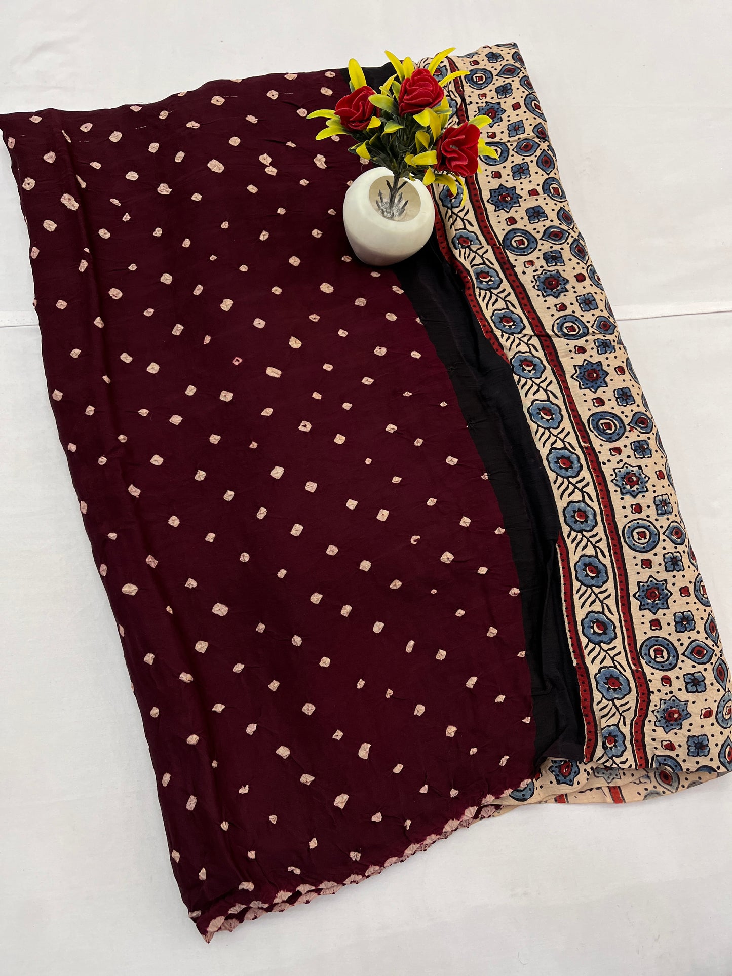 Brown Cream Bandhani Ajrakh Modal Silk Saree