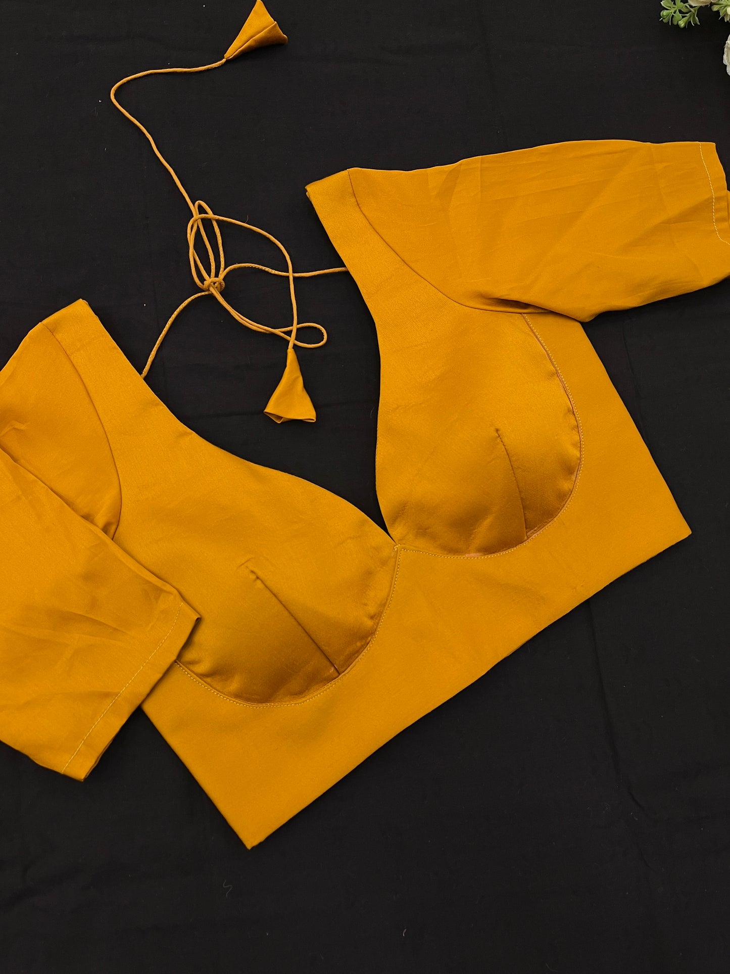 Mustard Leaf Neck Elbow Sleeves Blouse