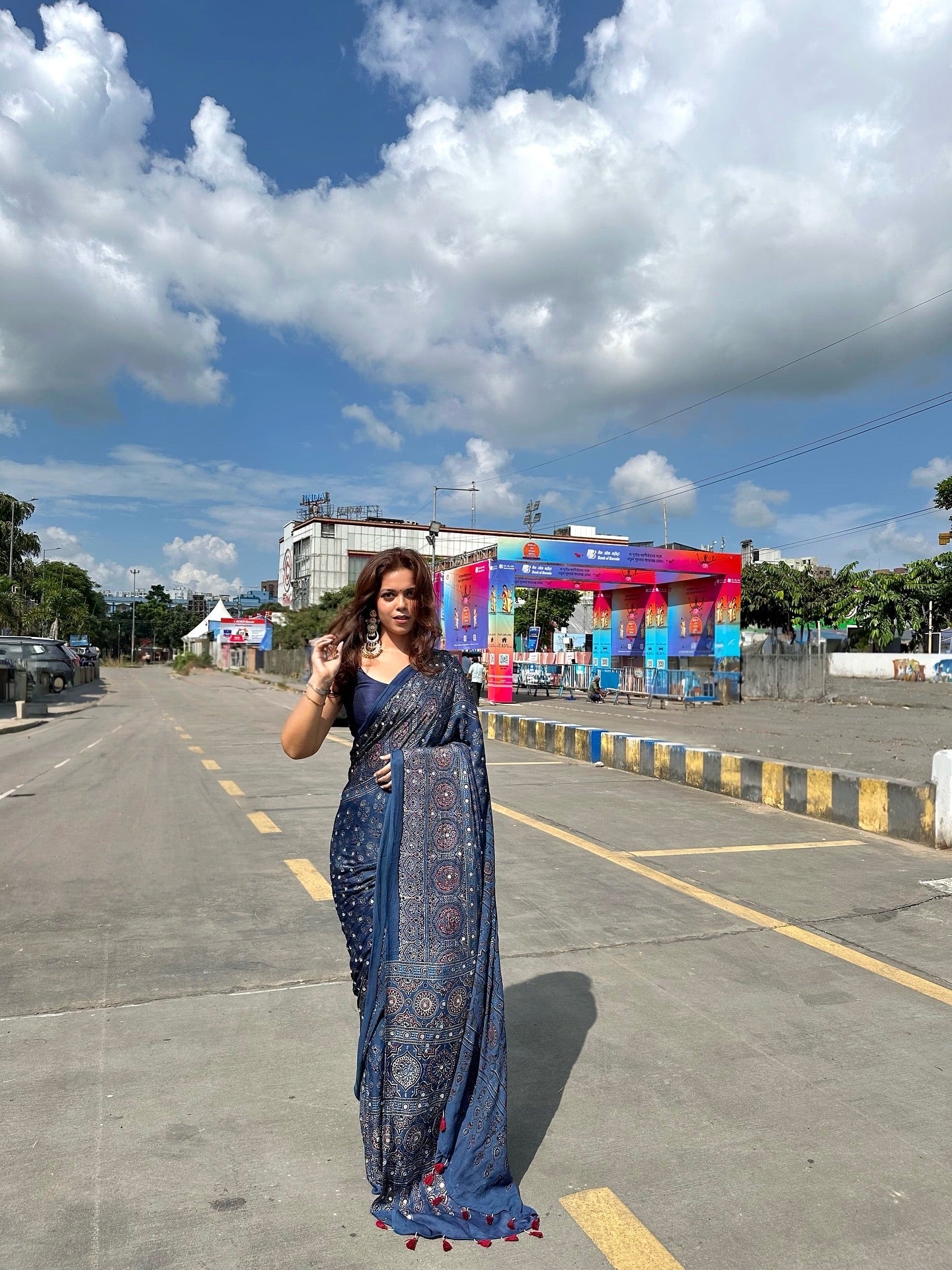 Neel Tara Pure Ajrakh Modal Silk Glued Mirror Saree