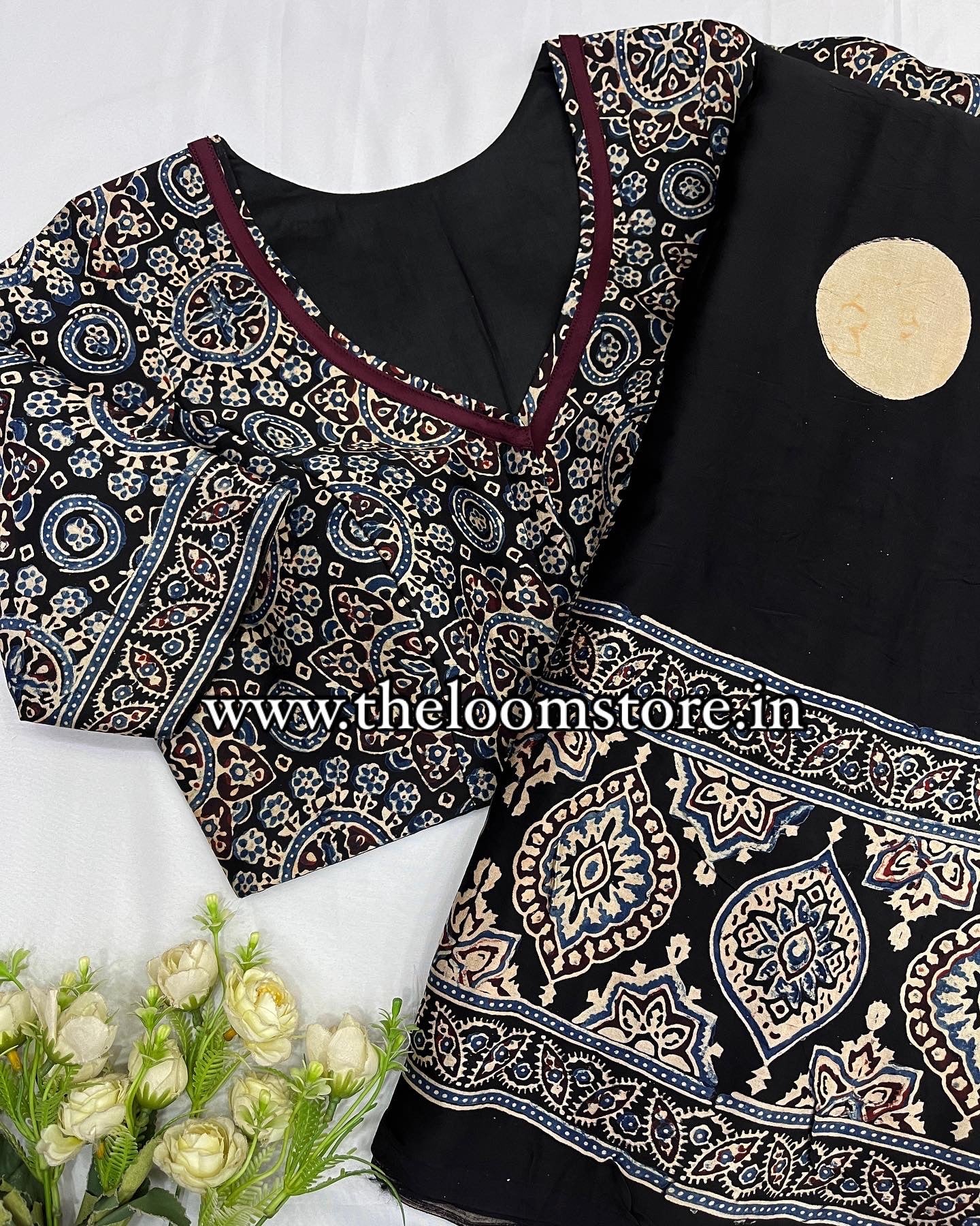 Dots & Badam Ajrakh Modal Saree Blouse Set