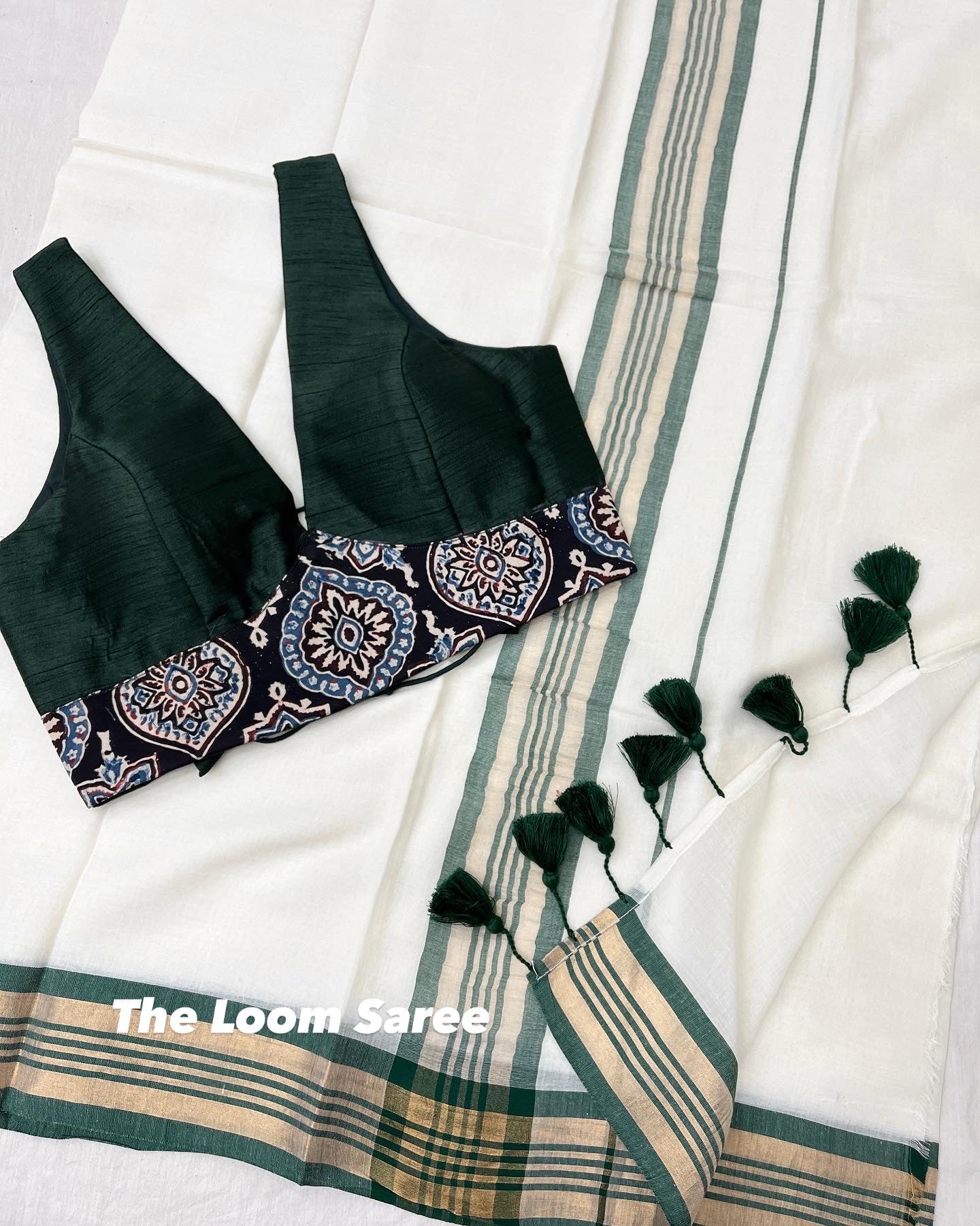 Creamy Green Saree Blouse Combo Set