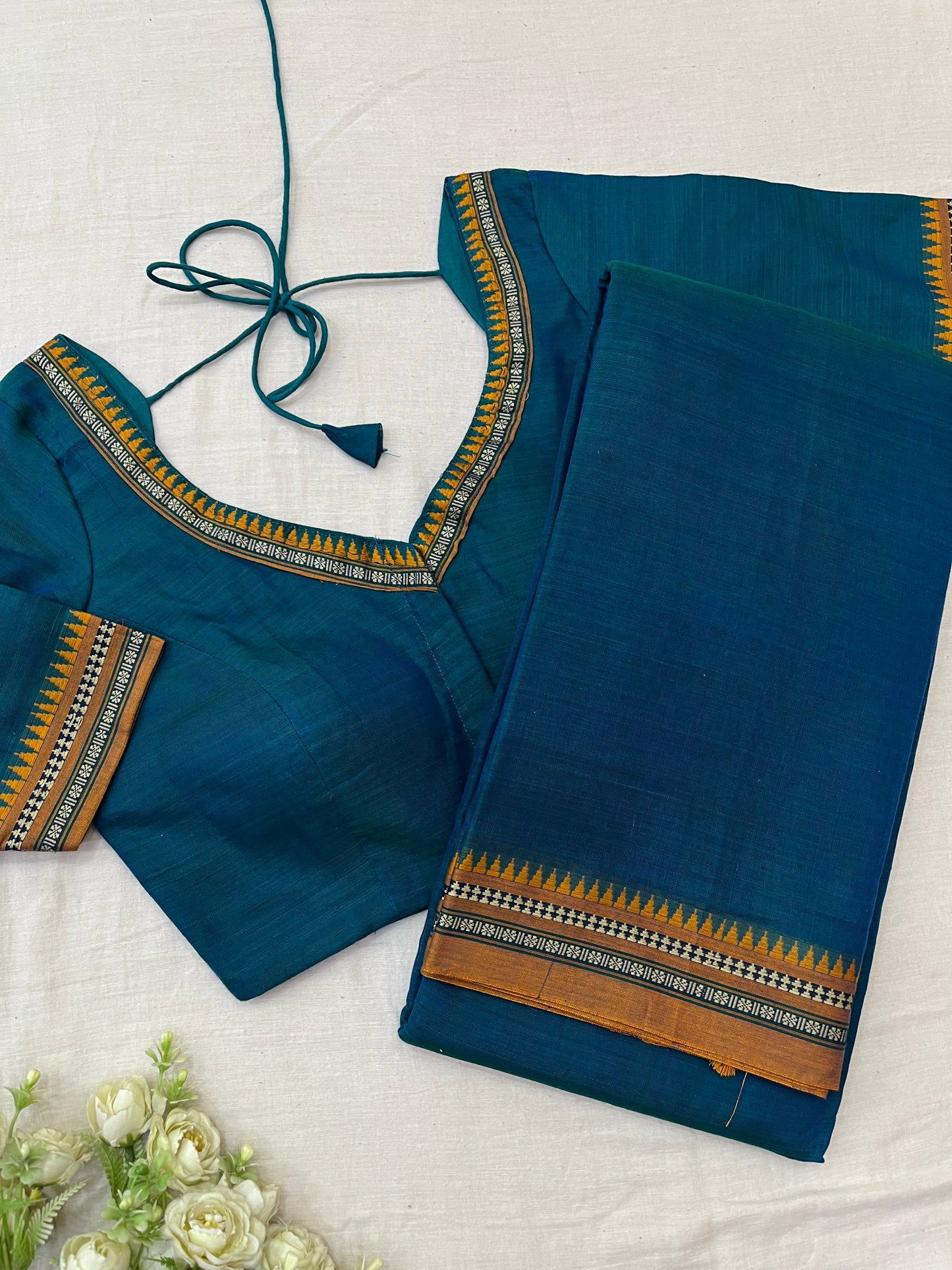 Mustard Teal Temple Narayanpet Cotton Saree Blouse Set