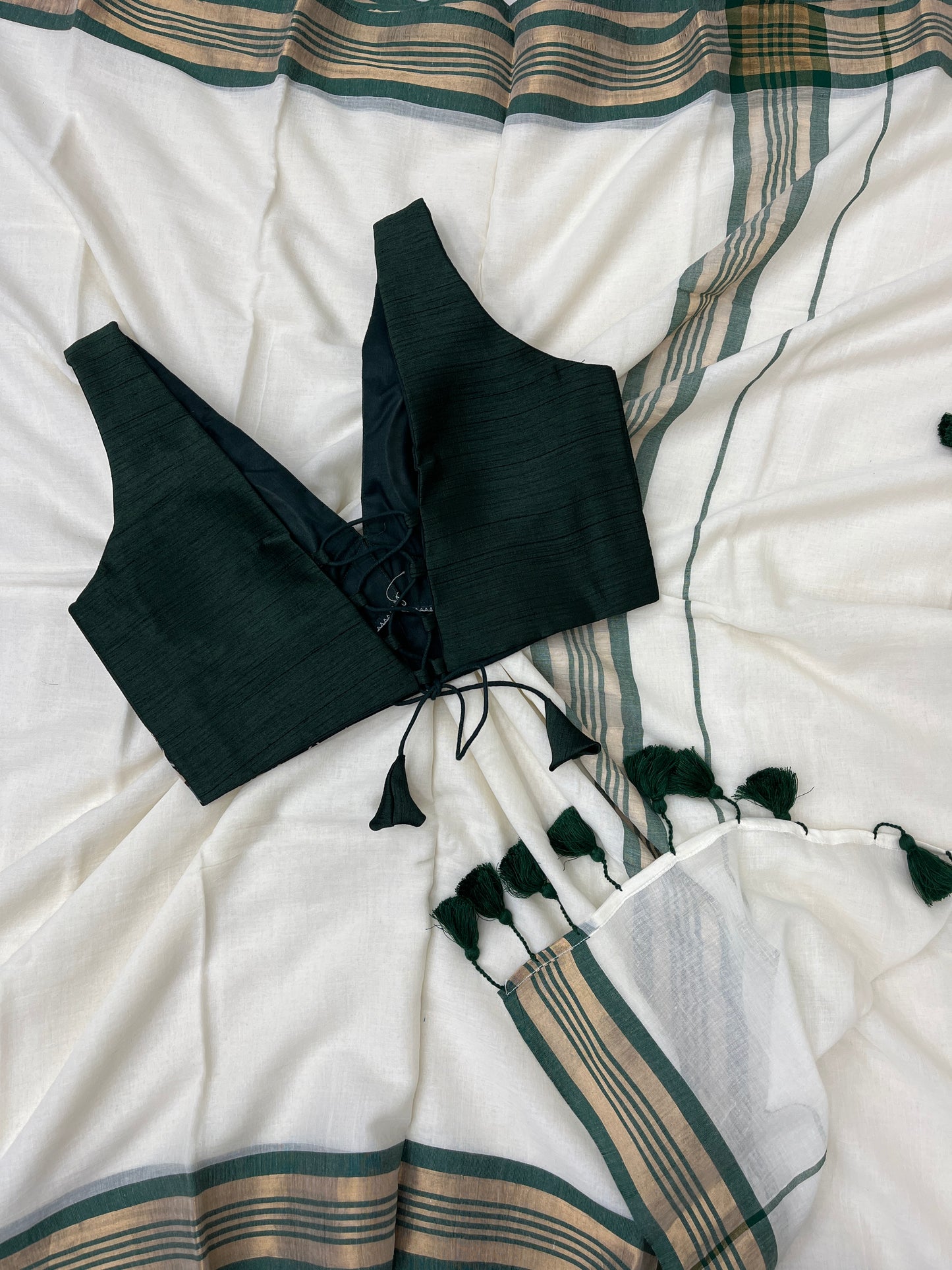 Creamy Green Saree Blouse Combo Set