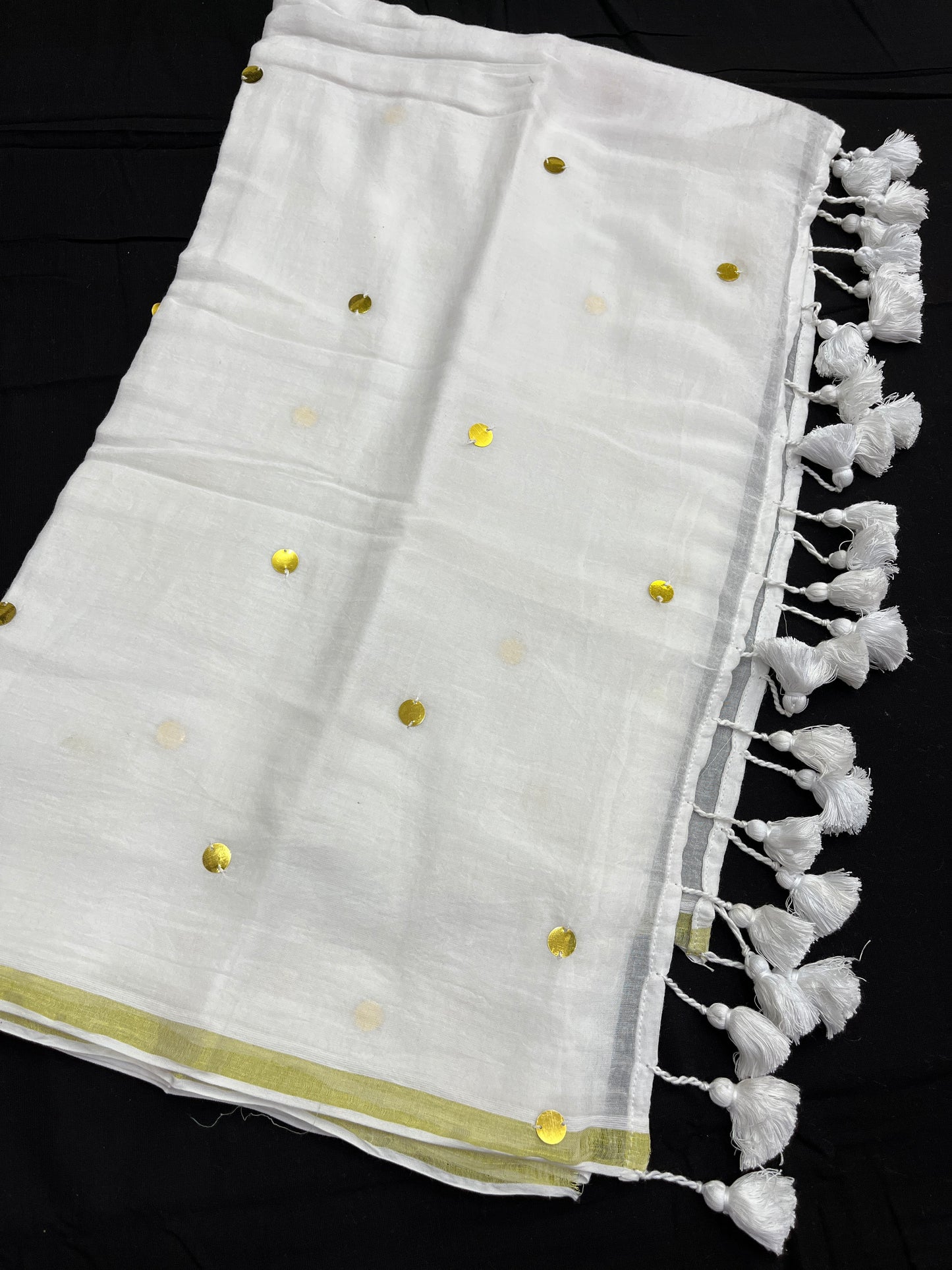 White Zari Border Gold Sequins Mulmul Saree