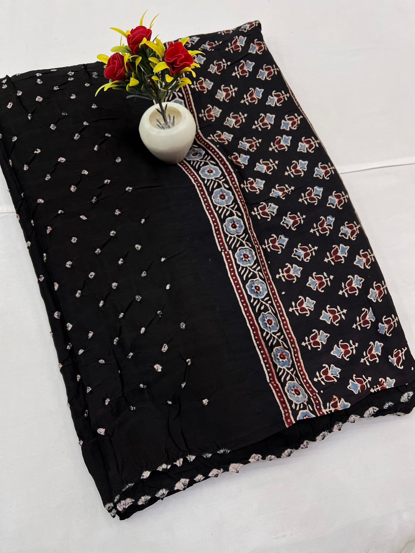 Black To Black Bandhani Ajrakh Modal Silk Saree