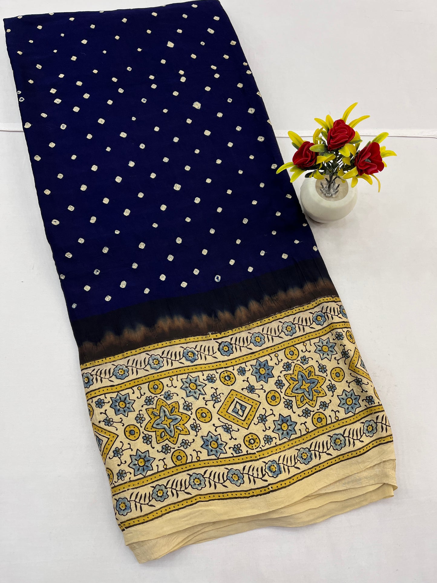 Jamuni Bandhani Ajrakh Modal Silk Saree