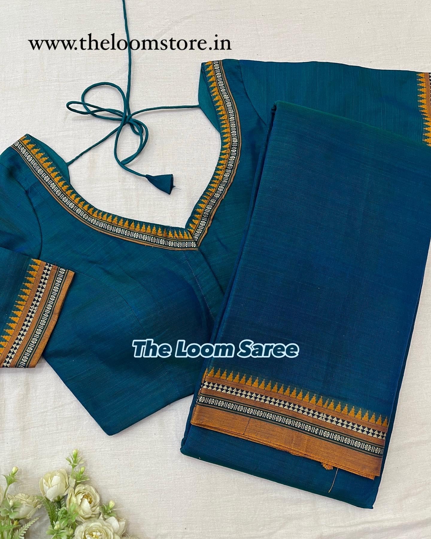 Mustard Teal Temple Narayanpet Cotton Saree Blouse Set