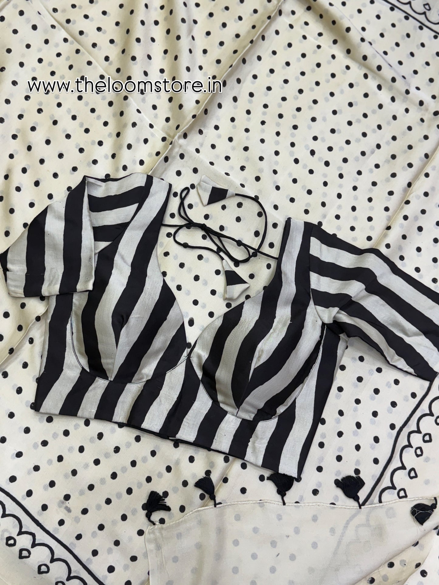 Dotted Stripe Ajrakh Modal Silk Saree Blouse Set