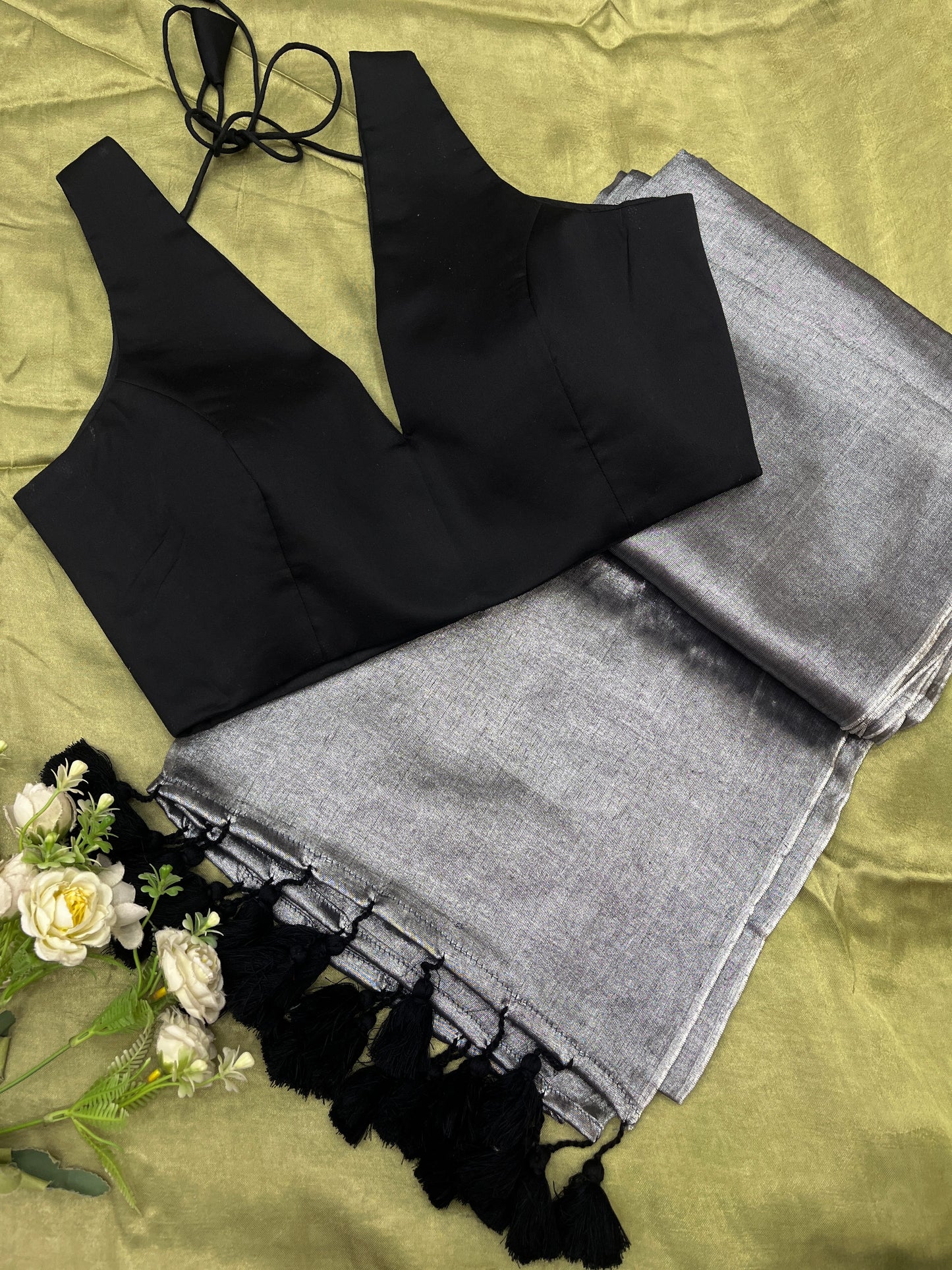 Metallic Black Saree Blouse Set