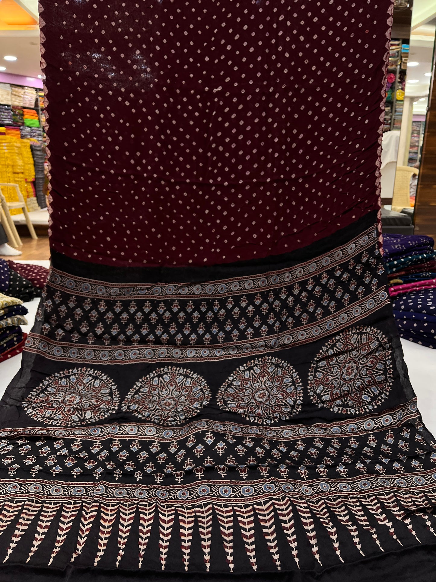 Maroon Black Bandhani Ajrakh Modal Silk Saree