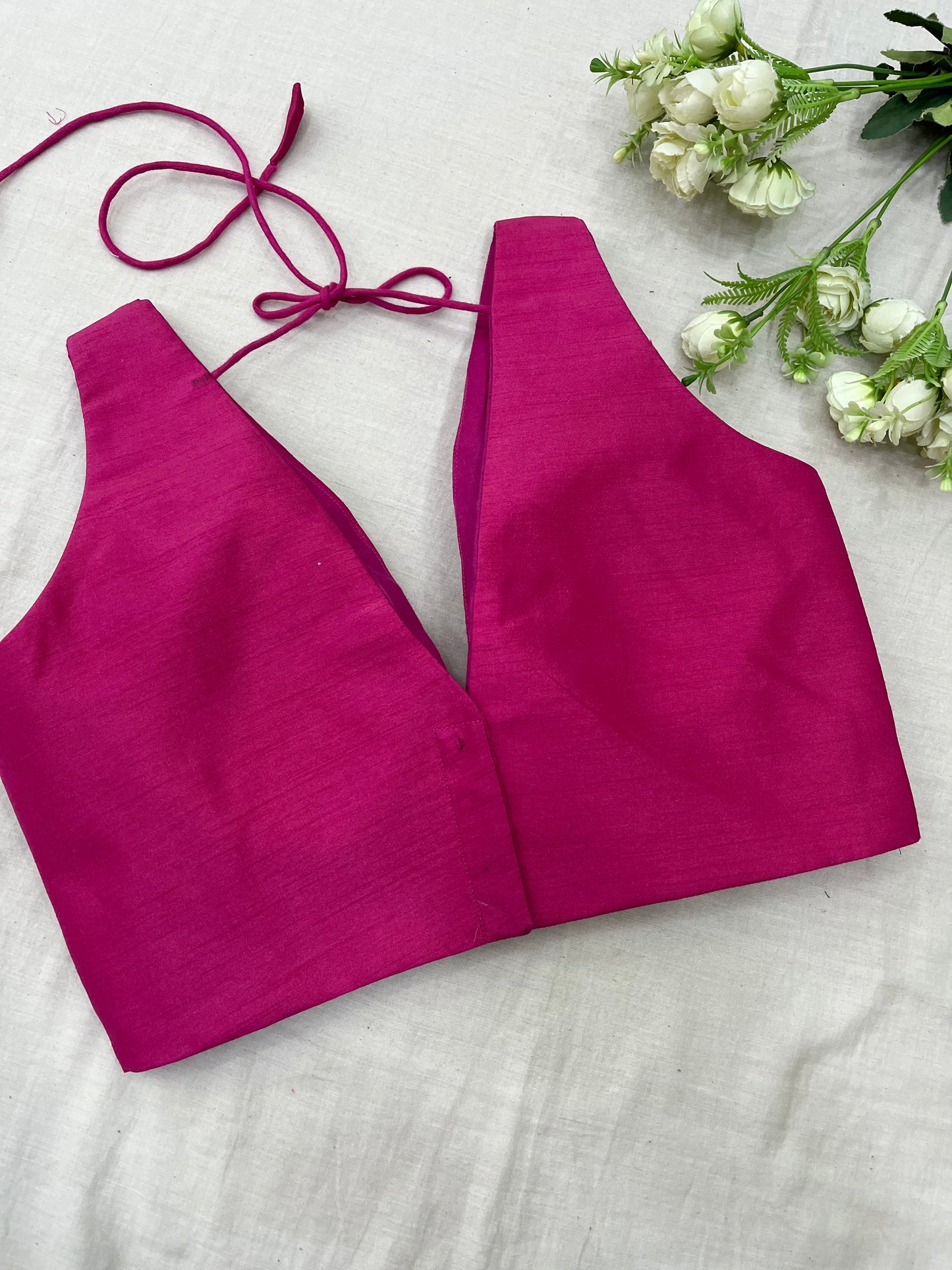 Pink V Neck Belt Sleeveless Blouse (Deep Neck)