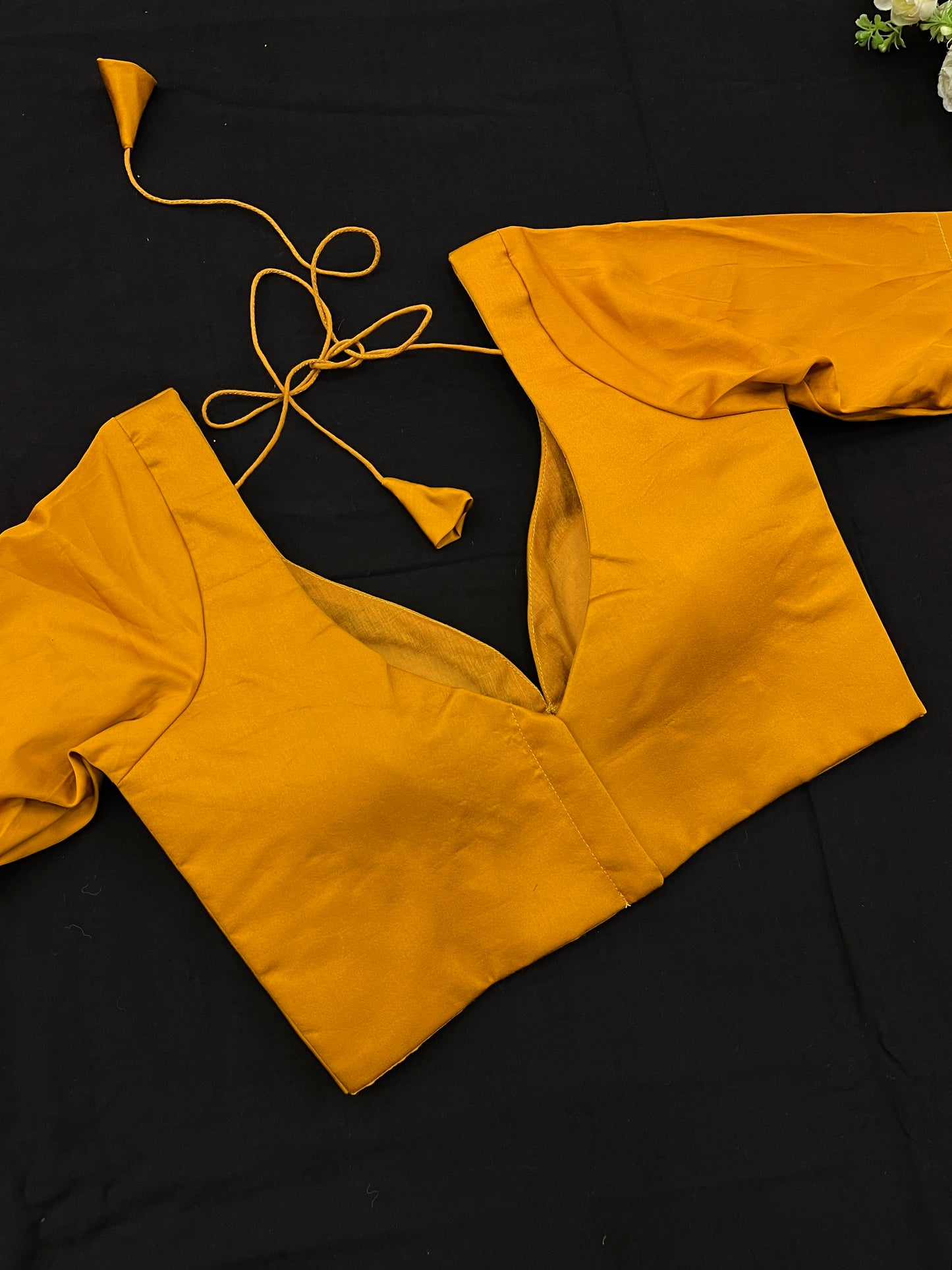 Mustard Leaf Neck Elbow Sleeves Blouse