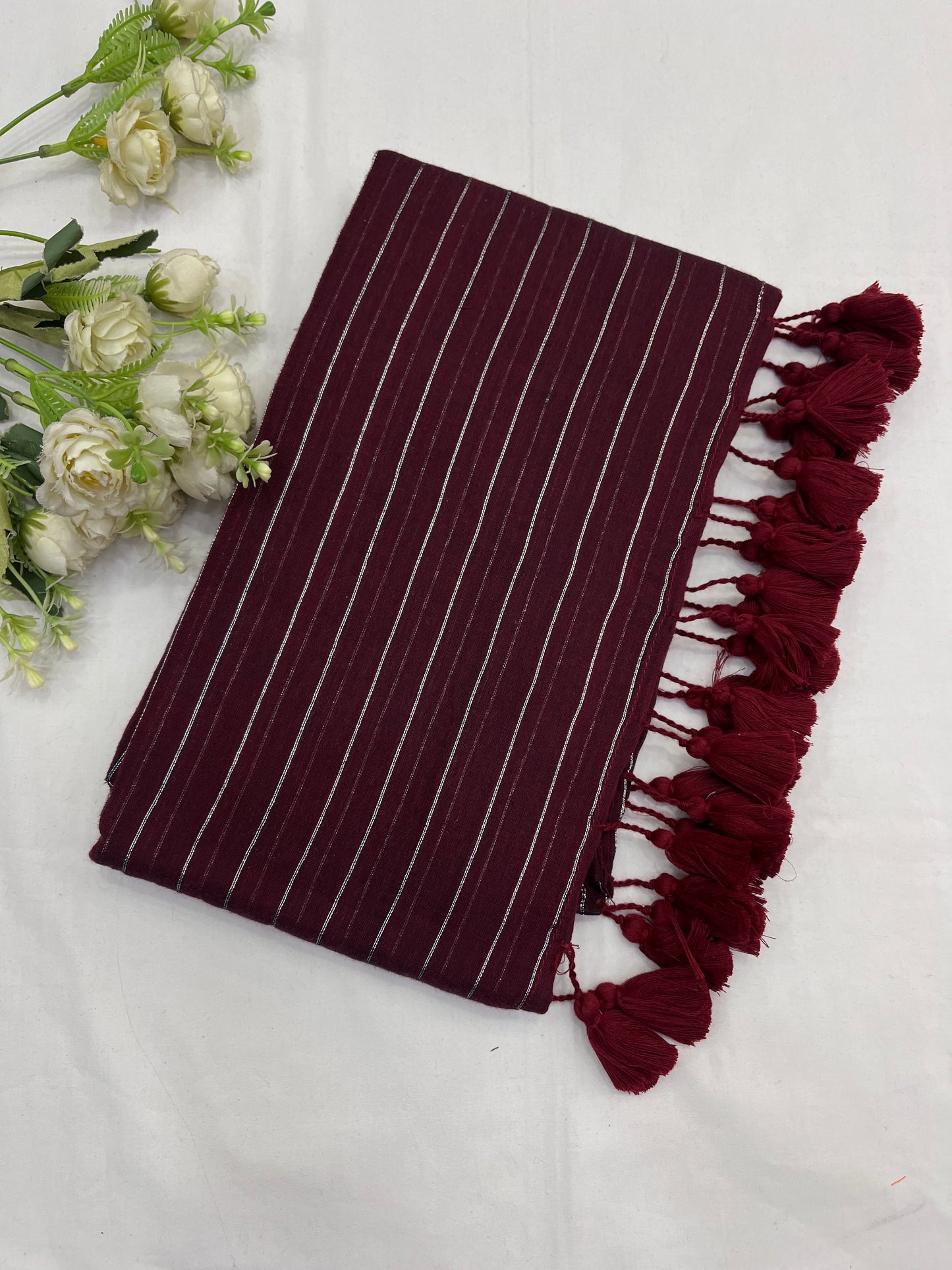 Maroon Zari Lines Mulmul Saree