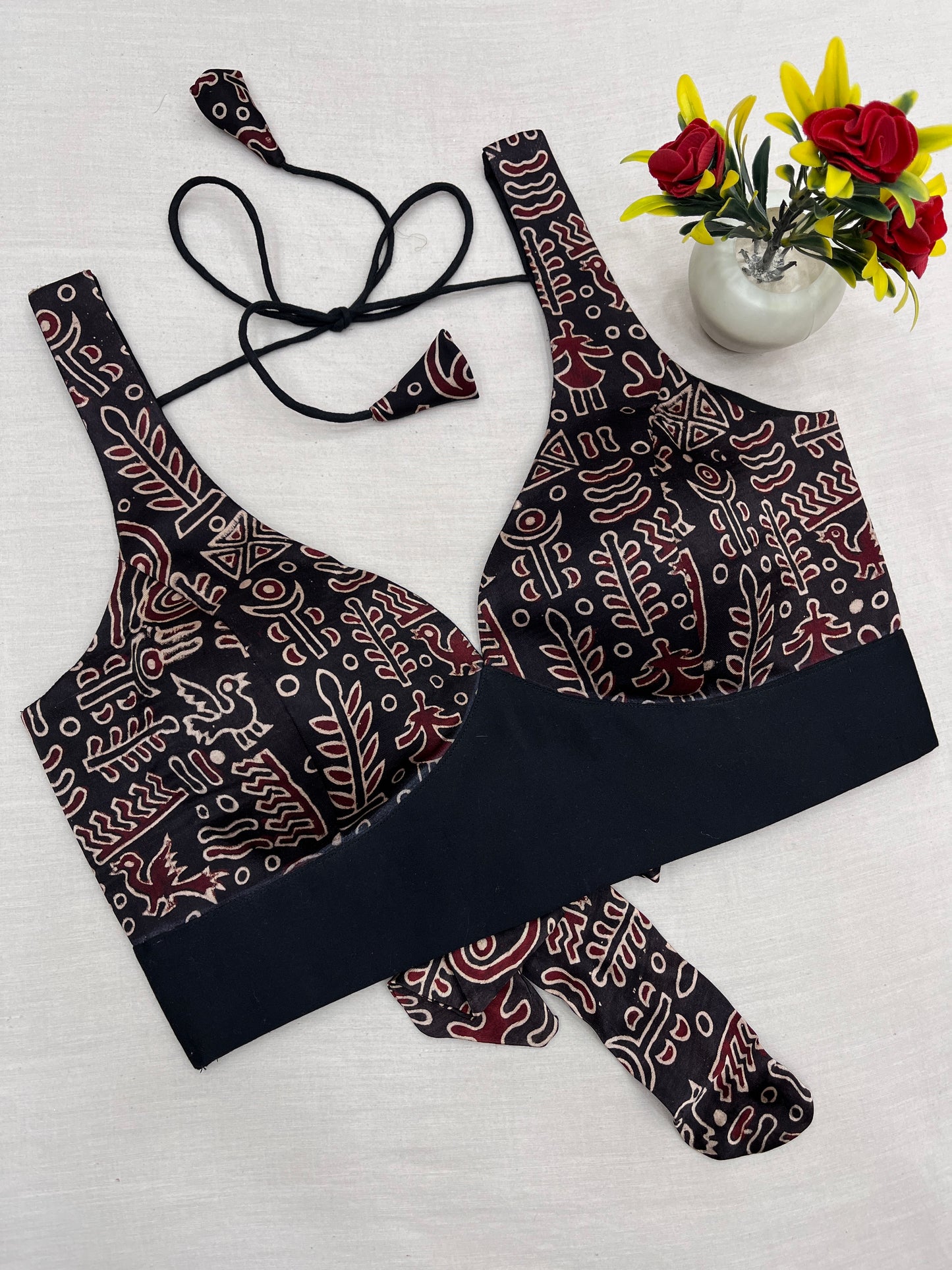 Black Abstract Ajrakh Knot Sleeveless Blouse