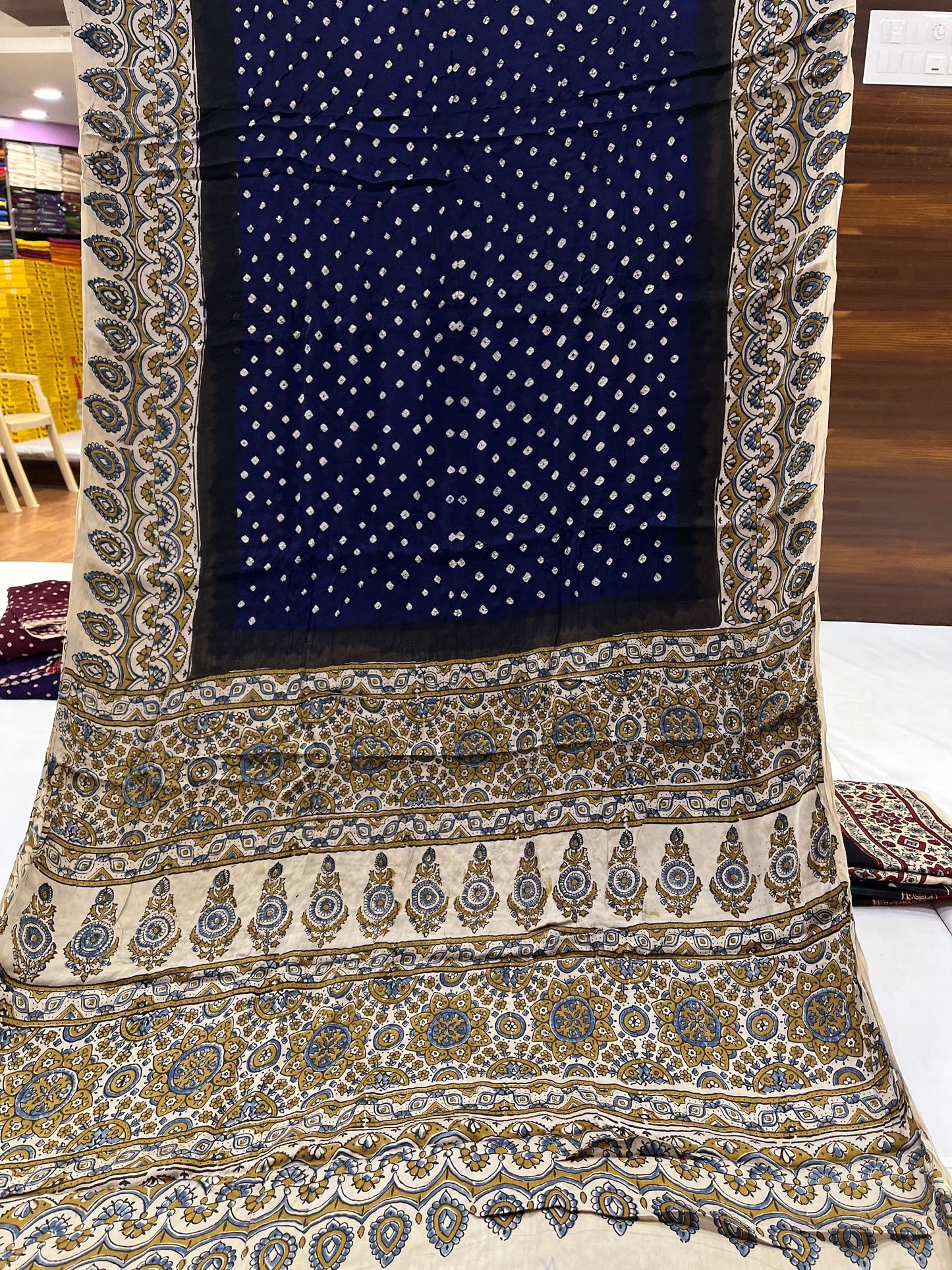 Navy Blue Cream Bandhani Ajrakh Modal Silk Saree