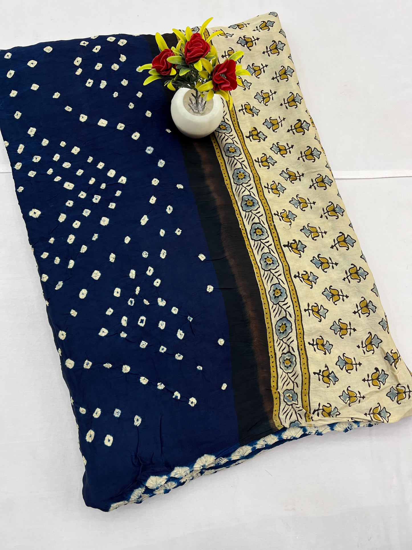Teal Cream Bandhani Ajrakh Modal Silk Saree