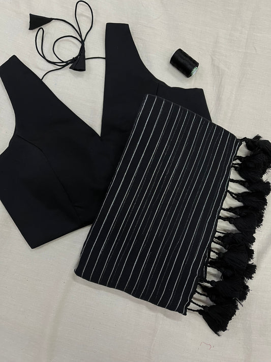 Black Zari Lines Mulmul - Black Silky Cotton Saree Blouse Combo Set.