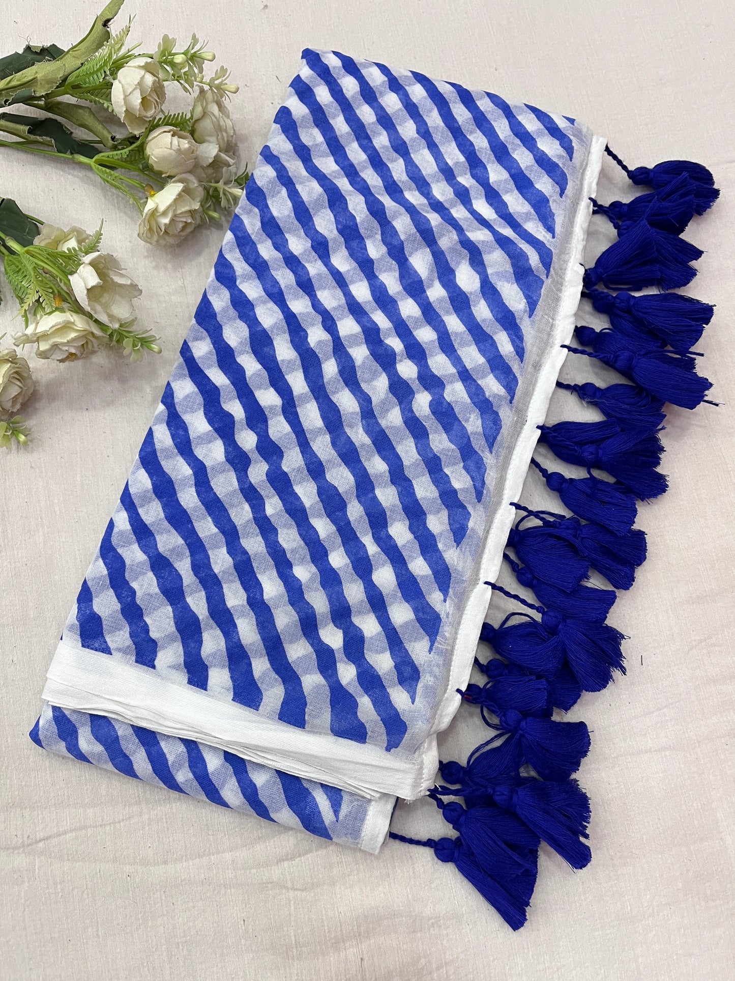 Blue Lehriya Mulmul Saree
