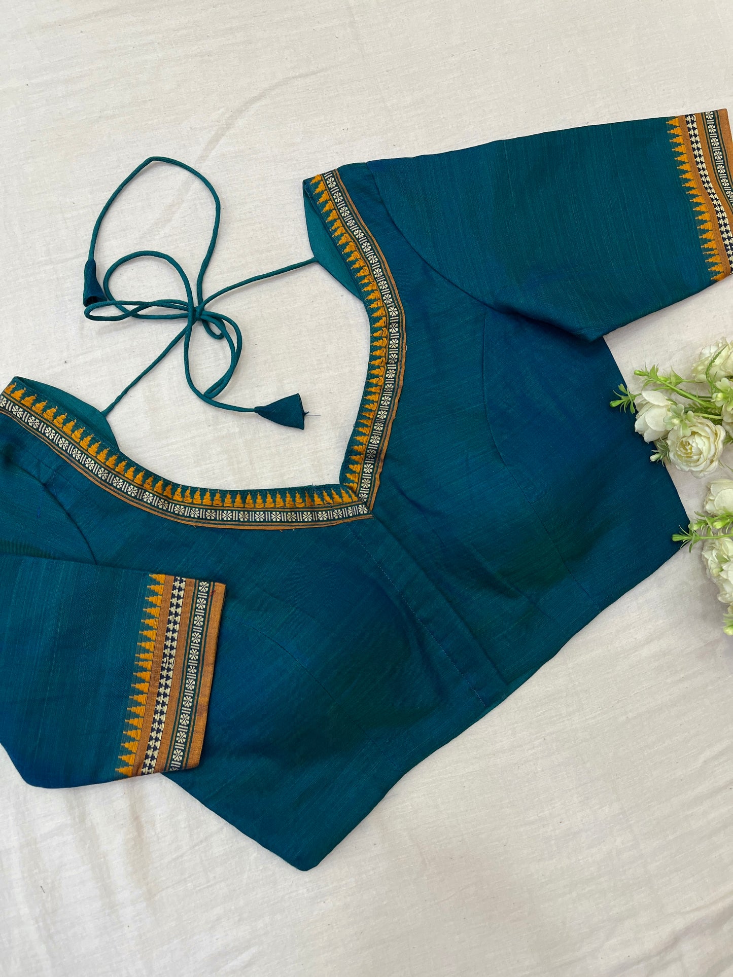 Mustard Teal Temple Narayanpet Cotton Saree Blouse Set