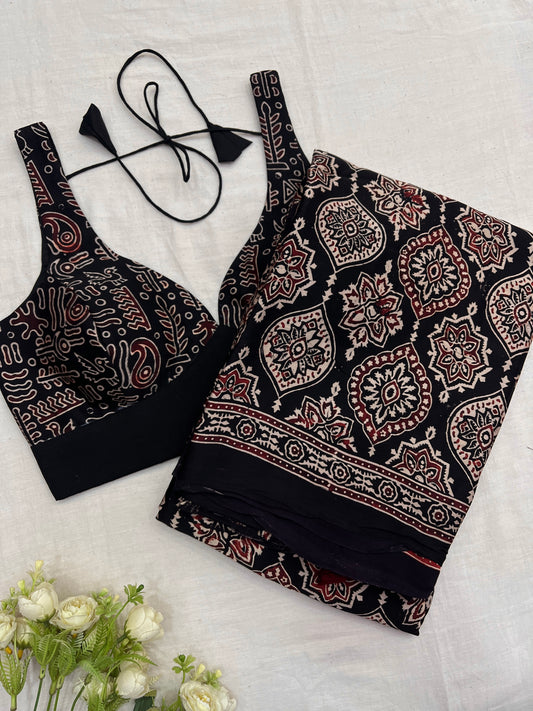 Double Black Badam Ajrakh Modal Saree Blouse Set (15th September)