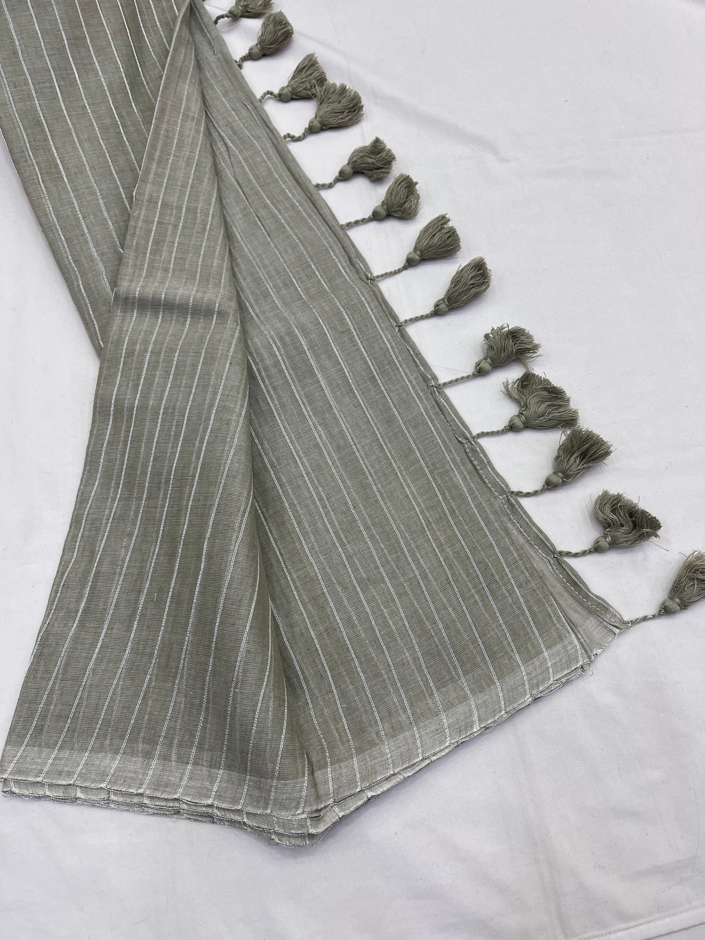 Silver Grey Zari Lines Mulmul Saree