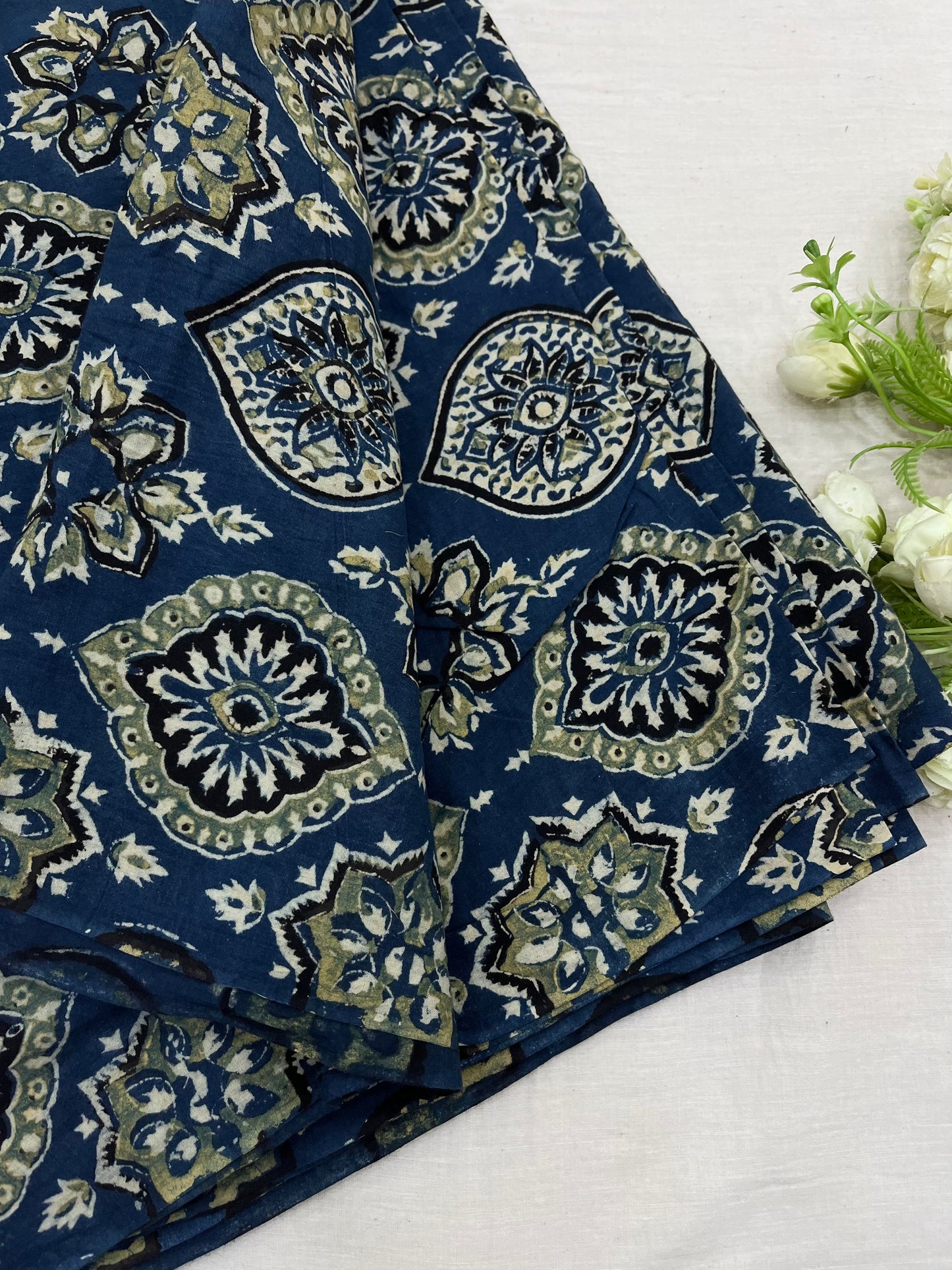 Badam Peacock Green Ajrakh Cotton Fabric