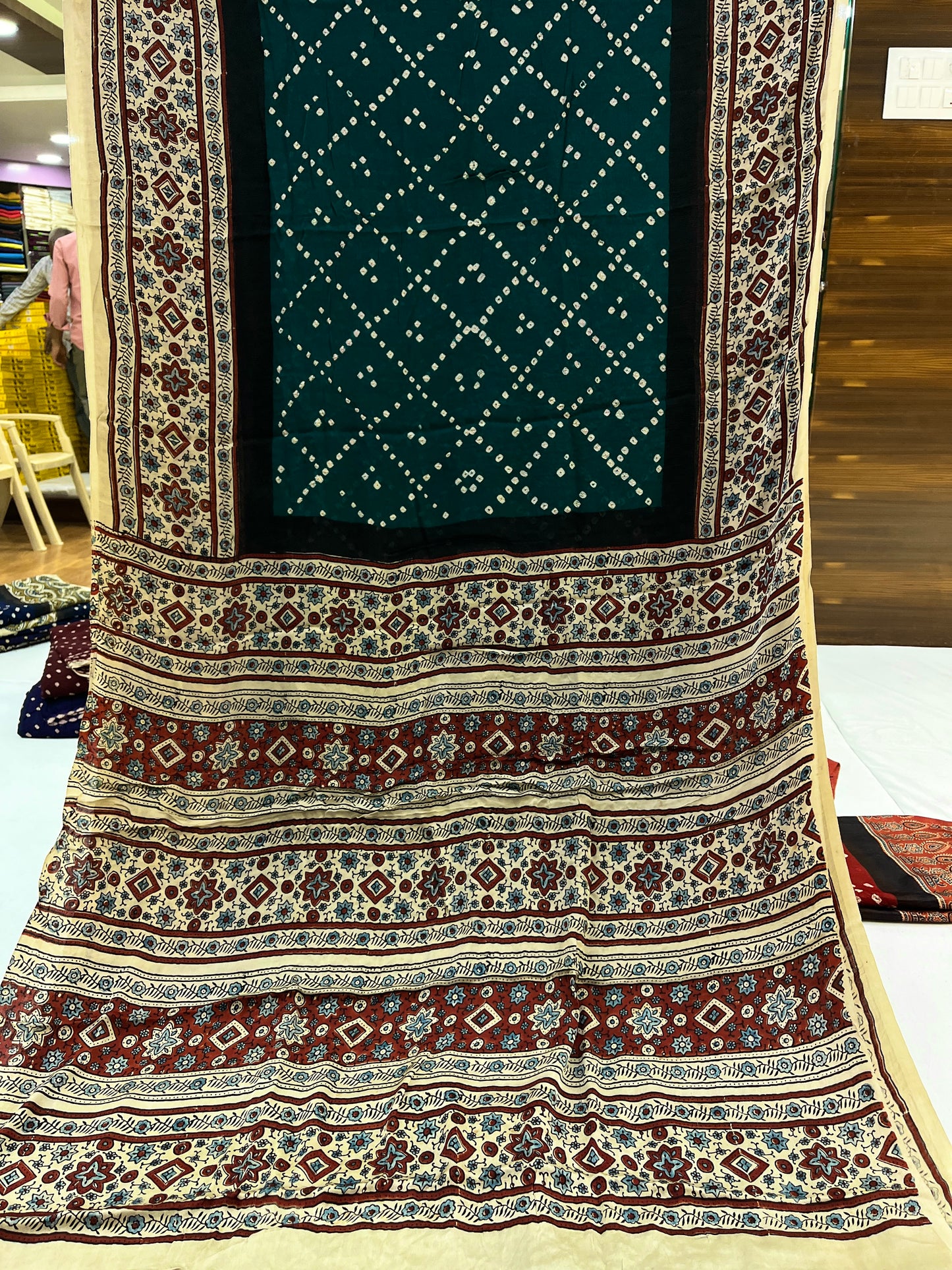 Rama Cream Bandhani Ajrakh Modal Silk Saree
