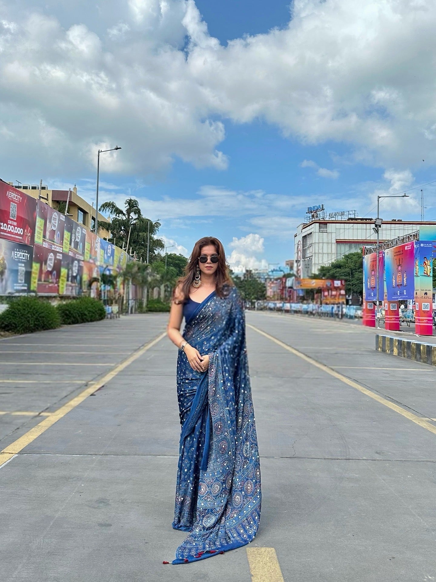 Neel Tara Pure Ajrakh Modal Silk Glued Mirror Saree (20th Nov)