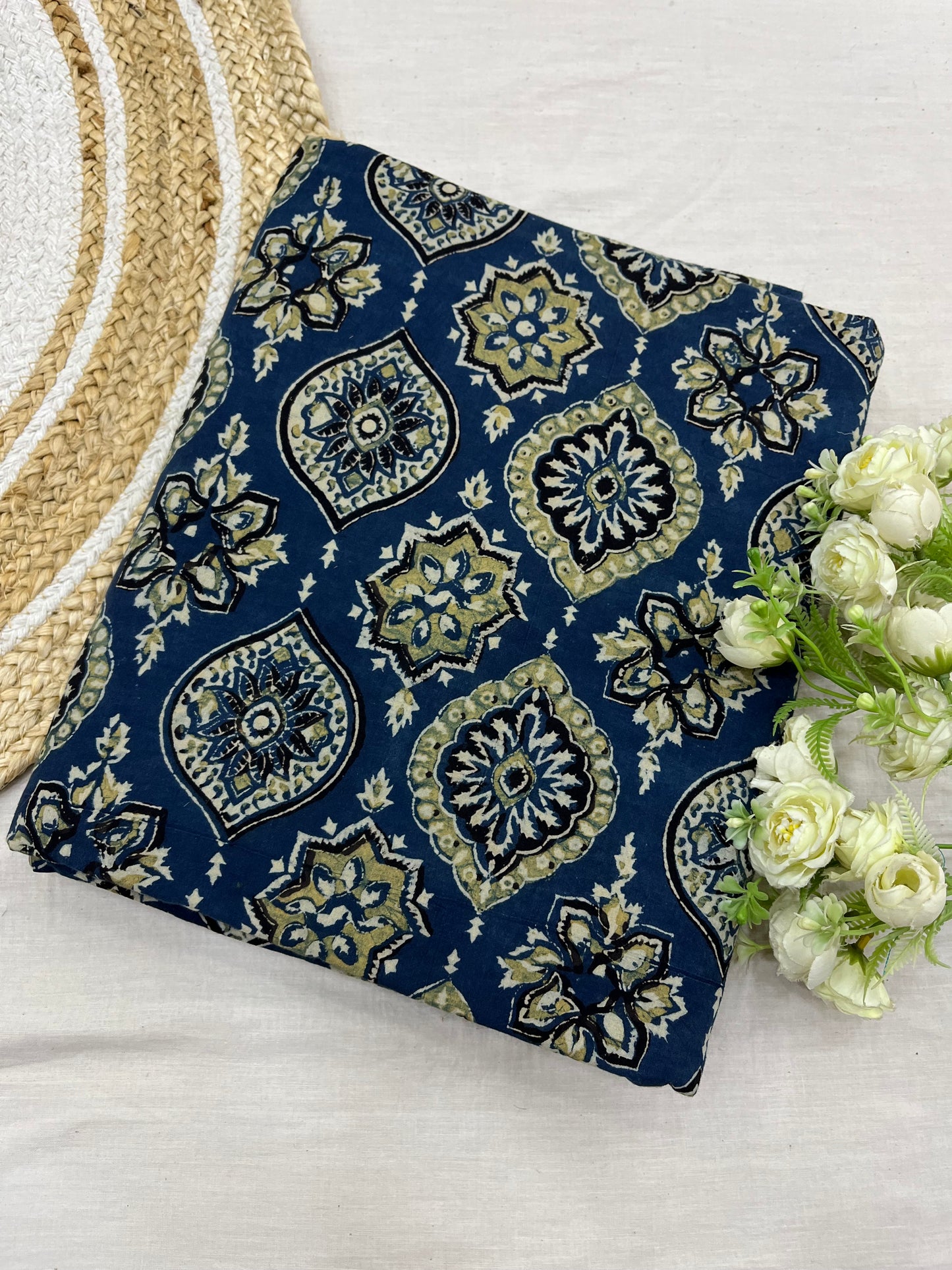 Badam Peacock Green Ajrakh Cotton Fabric