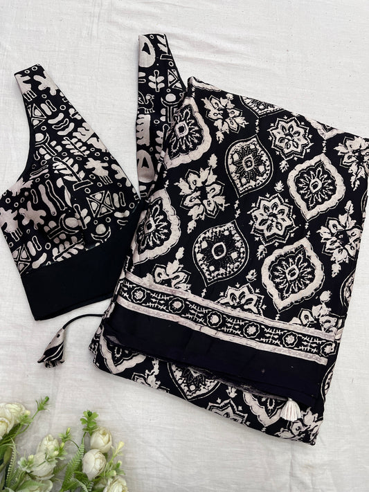 Black & White Badam Ajrakh Saree Blouse Set (10th Nov)
