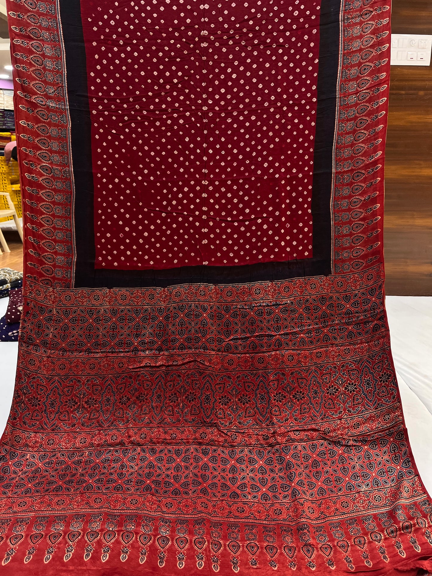 Red Bandhani Ajrakh Modal Silk Saree