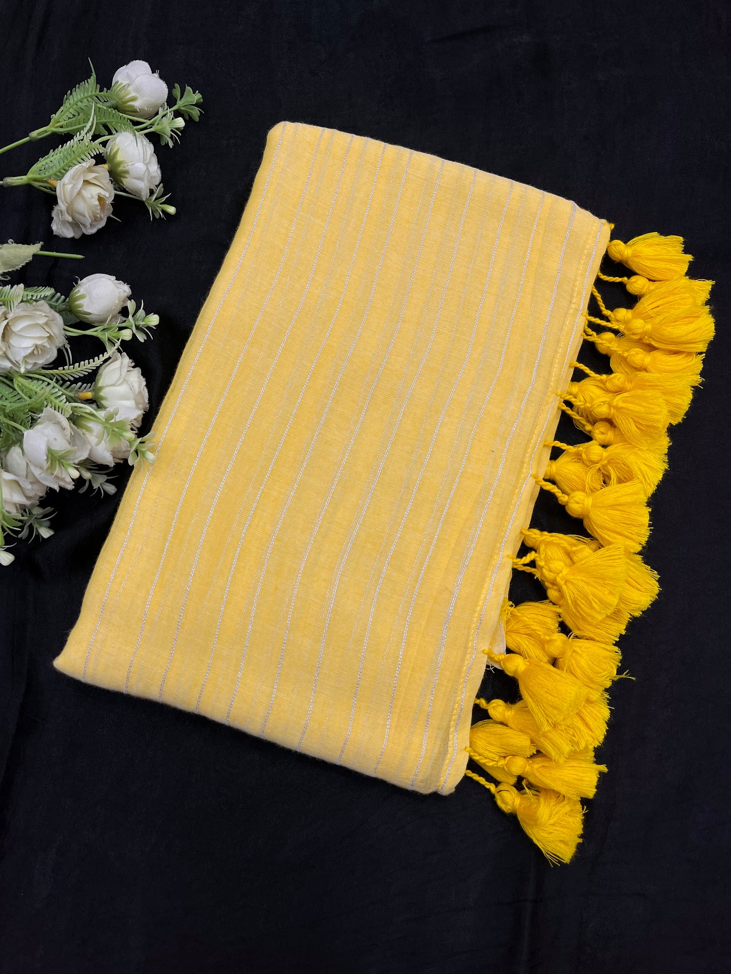 Yellow Zari Lines Mulmul Saree