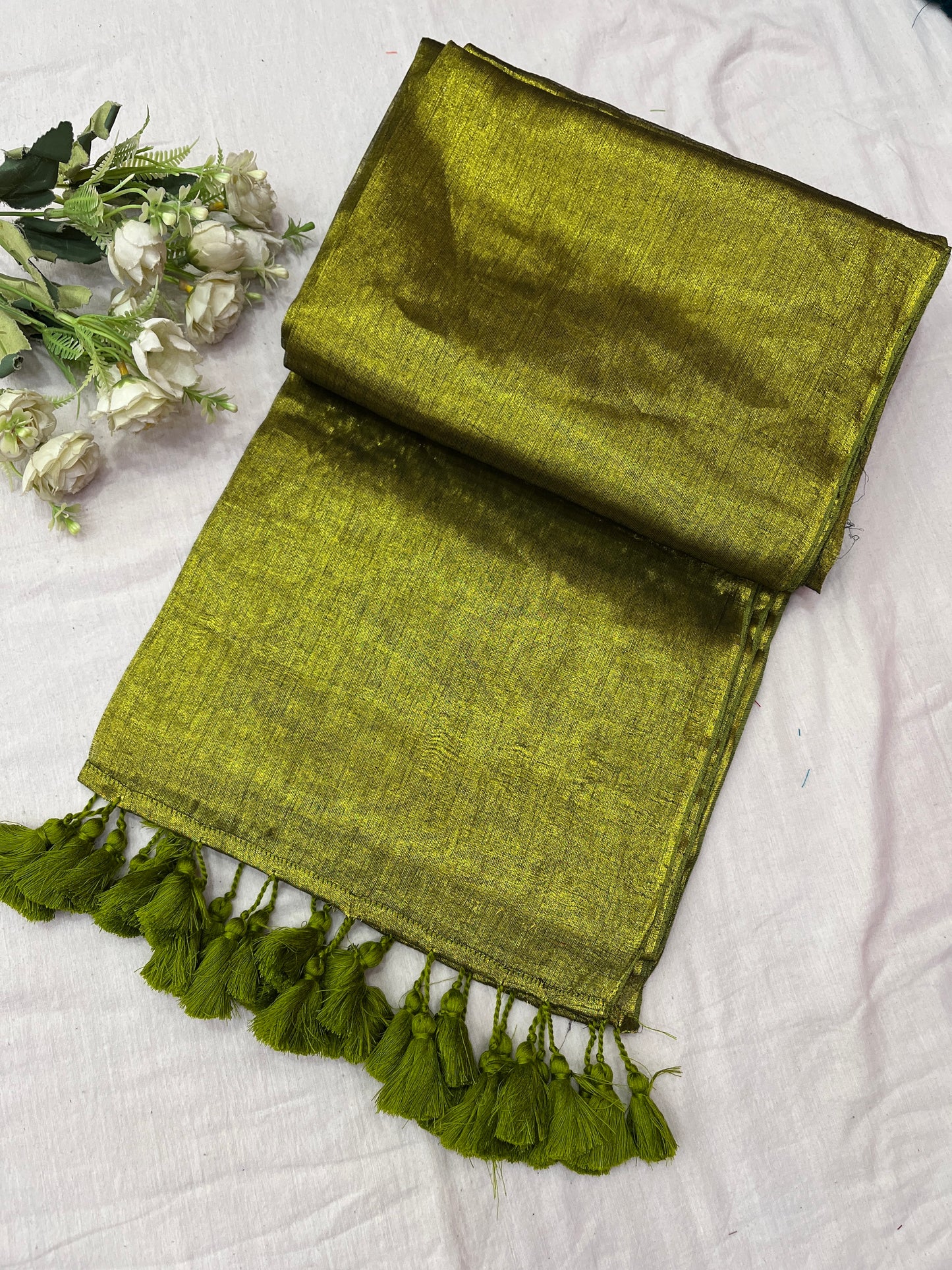 Olive Tissue Mulmul Saree