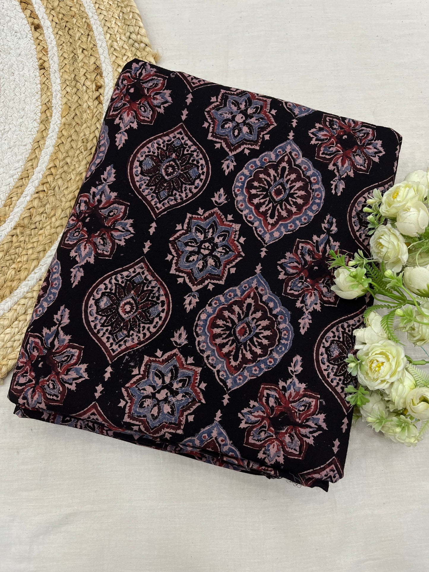 Badam Black Maroon Ajrakh Cotton Fabric