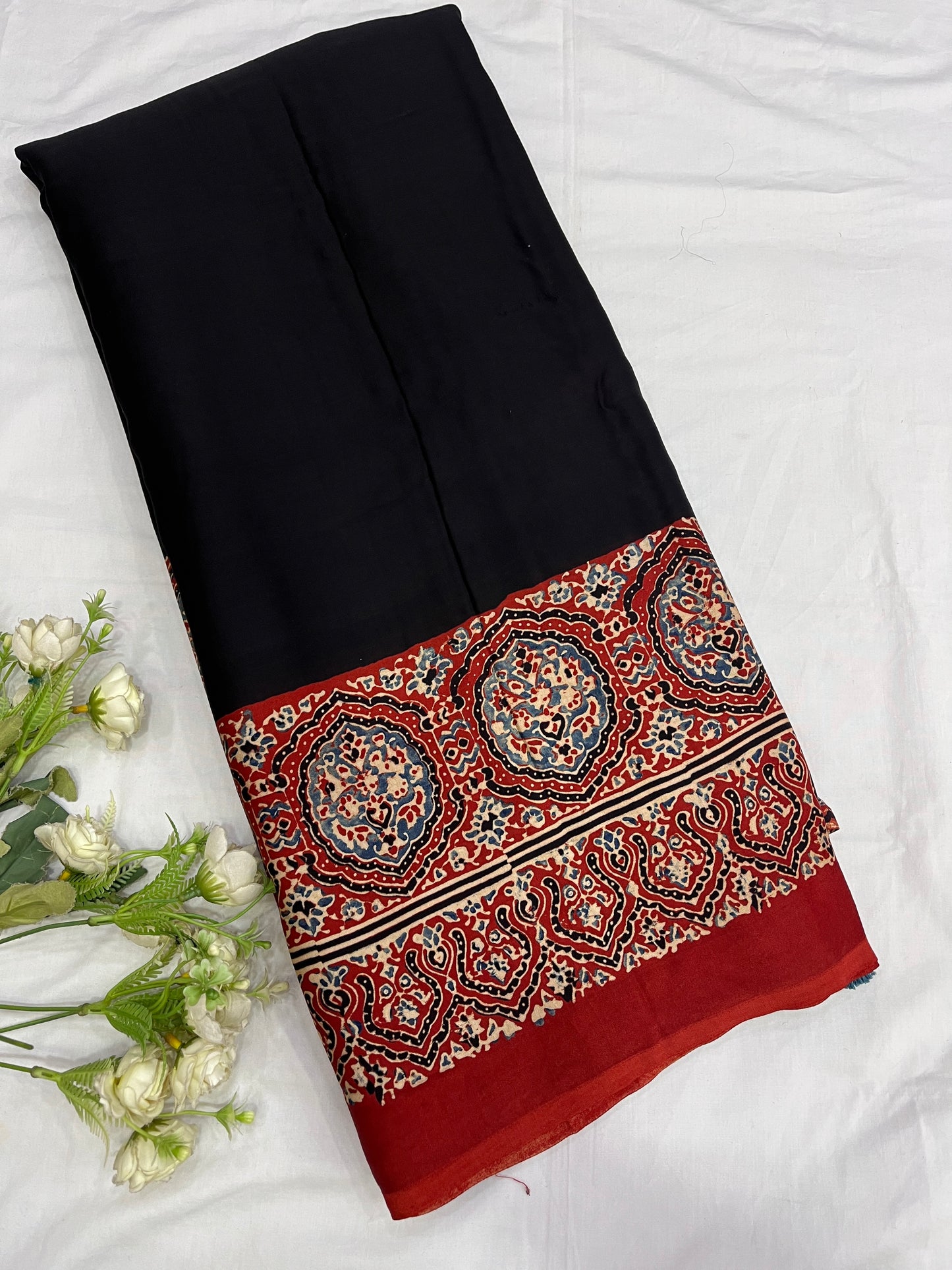Sagarika Black Red Ajrakh Modal Silk Saree