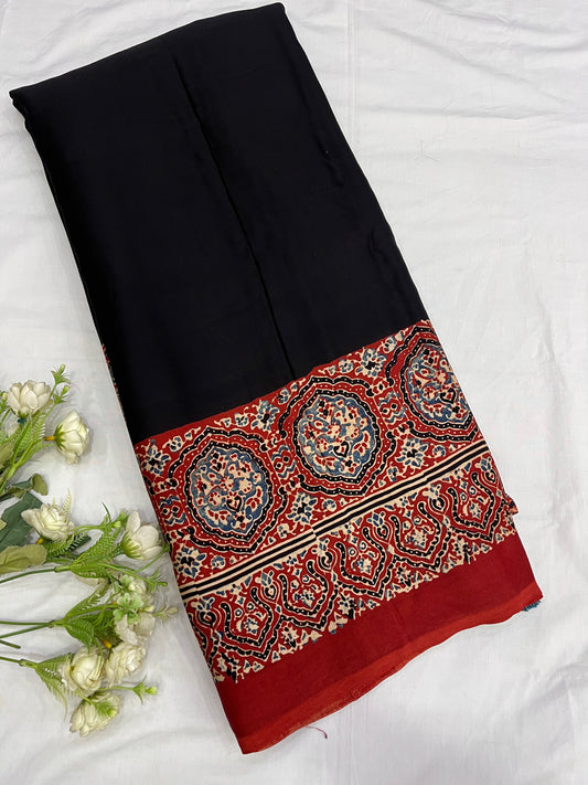 Sagarika Black Red Ajrakh Modal Silk Saree