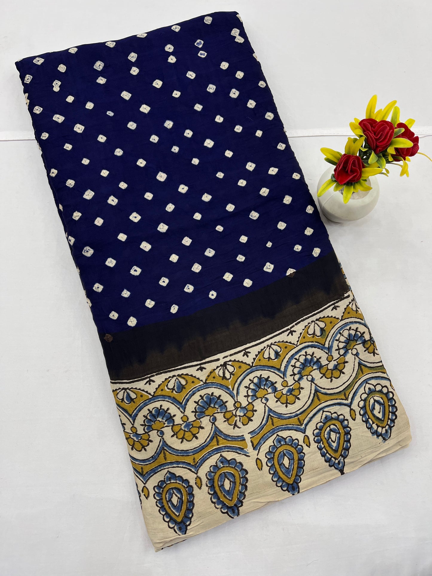 Navy Blue Cream Bandhani Ajrakh Modal Silk Saree