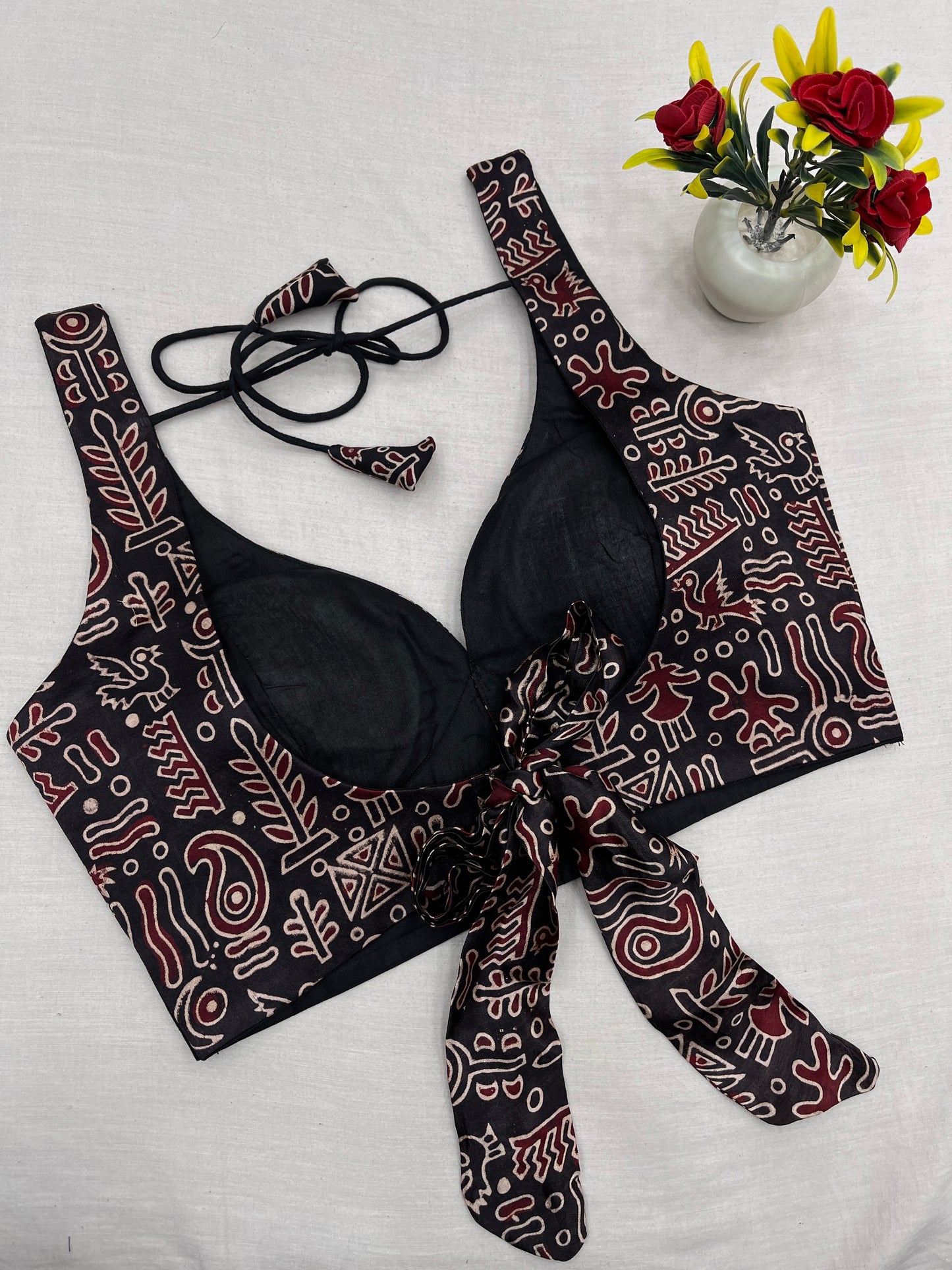Black Abstract Ajrakh Knot Sleeveless Blouse