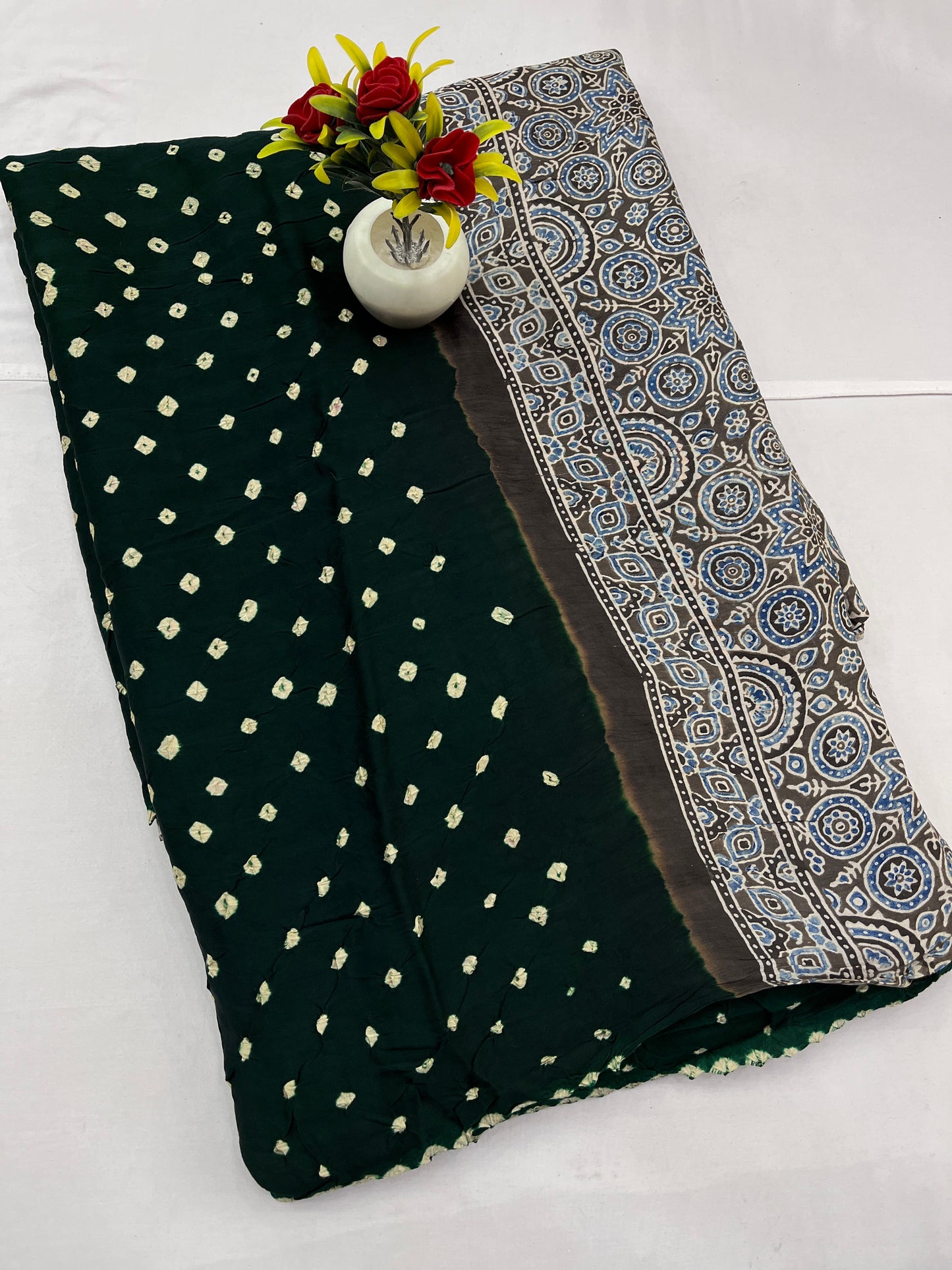 Green Black Bandhani Ajrakh Modal Silk Saree