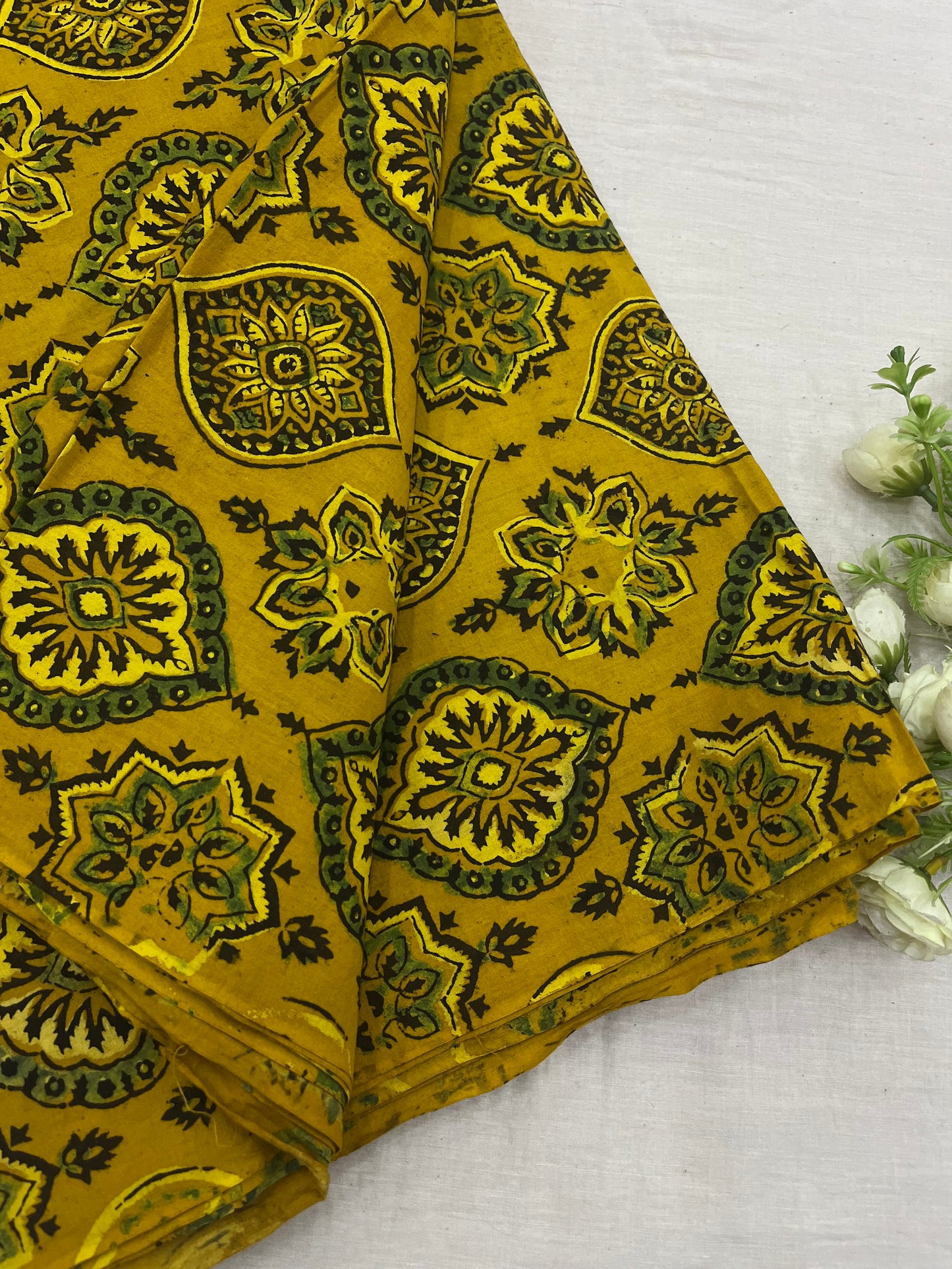 Badam Yellow Green Ajrakh Fabric
