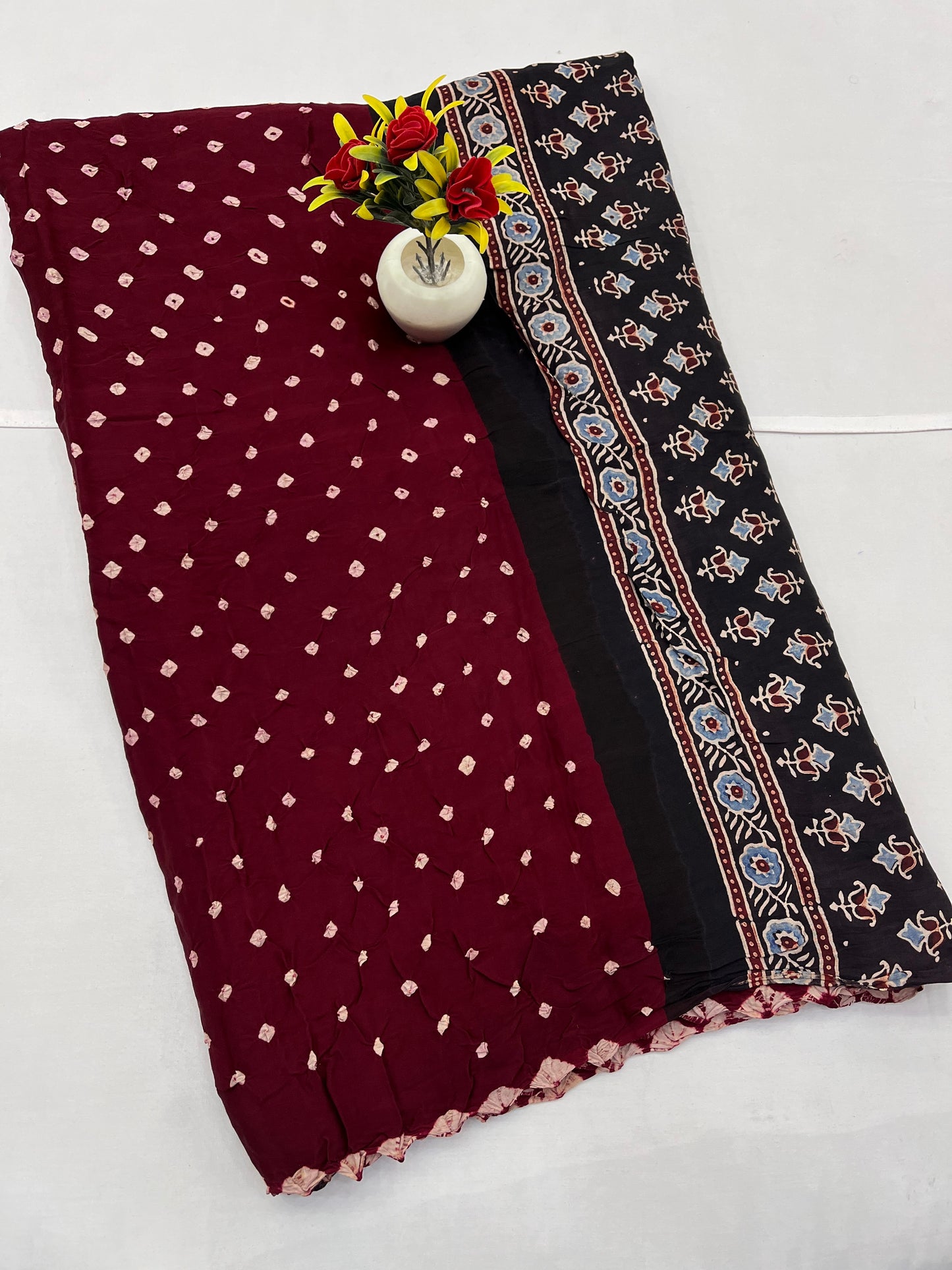 Maroon Black Bandhani Ajrakh Modal Silk Saree