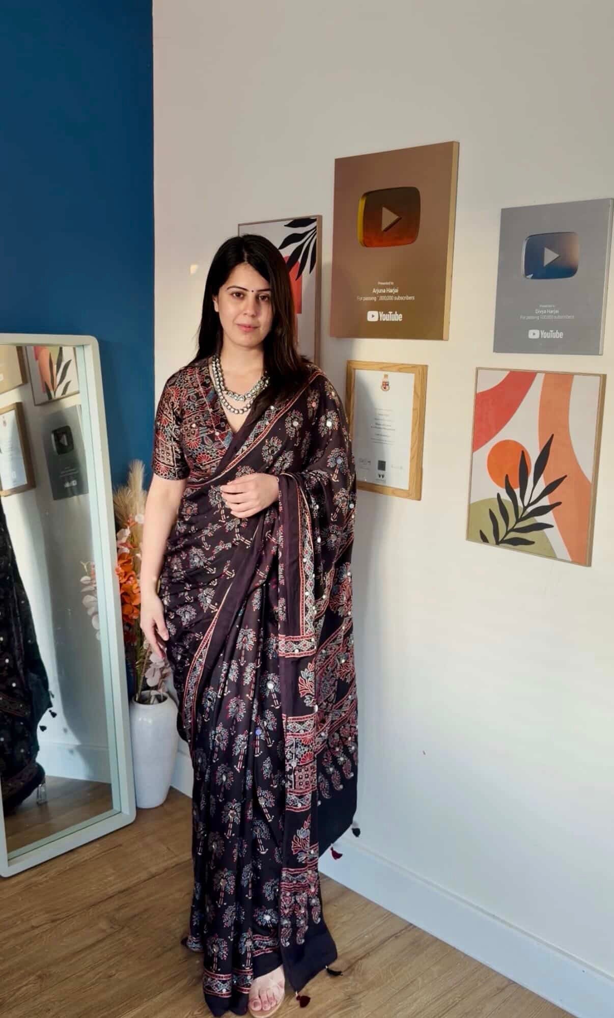 Black Tree Mirror Ajrakh Modal Silk Saree (Pre Order - Dispatch Starts 5th May 2026)