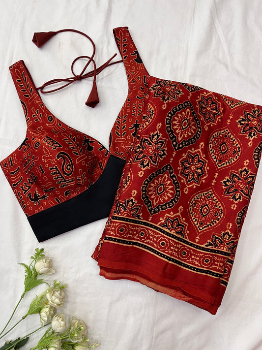 Rustic Red Badam Block Ajrakh Print Modal Silk Saree Blouse Combo Set